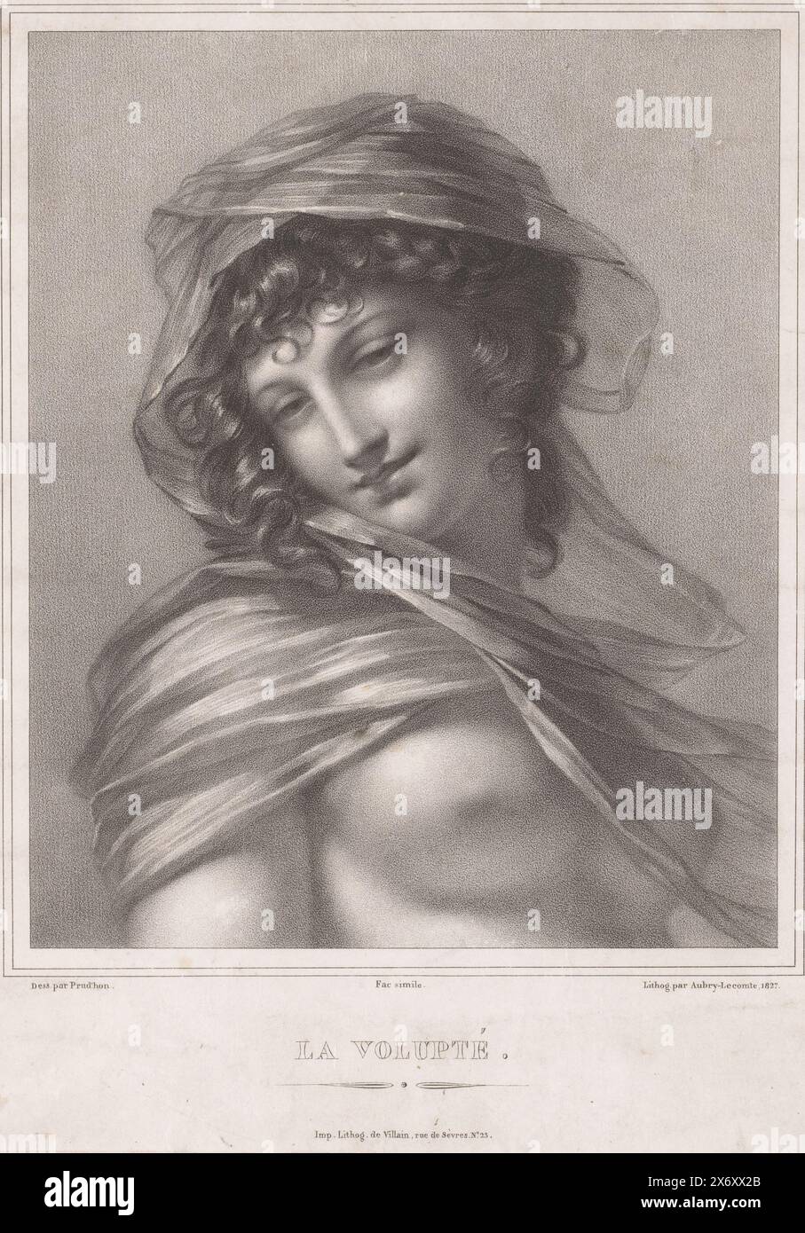 Frau mit Schleier, La Volupté (Titel auf Objekt), Druck, Druckerei: Hyacinthe Louis Victor Jean Baptiste Aubry-Lecomte, (erwähnt auf Objekt), nach Zeichnung von Pierre Prud'hon, (erwähnt auf Objekt), Drucker: Francois Jean Villain, (erwähnt auf Objekt), 1827, Papier, Höhe, 307 mm x Breite, 237 mm Stockfoto