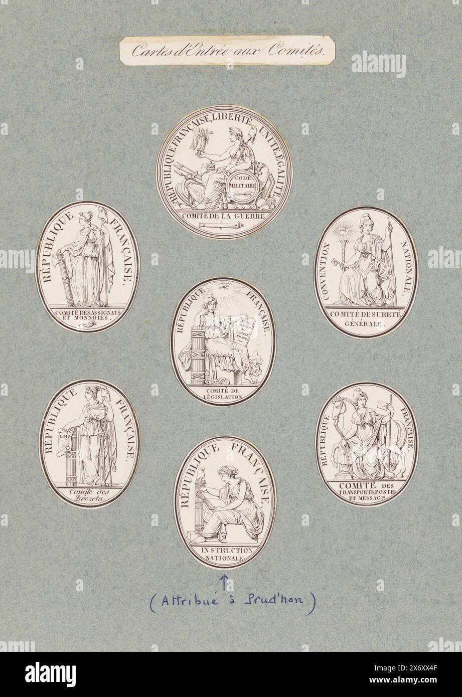 Sieben Personifizierungen für die französische Regierung, Cartes d'Entrée aux Comités/ Comité de la Guerre/ Comités des assignats et Monnoies/ Comité de législation/ Comité de Sureté Générale/ Comité des Decreta/ Comité des Transports Postes et Messages/ Instruction nationale (Titel auf Objekt), Druck, Druckerei: Anonym, nach Entwurf: Pierre Prud'Hon, 1792 - 1804, Papier, Ätzen, Durchmesser, 55 mm x Höhe, 53 mm x Breite, 42 mm Stockfoto