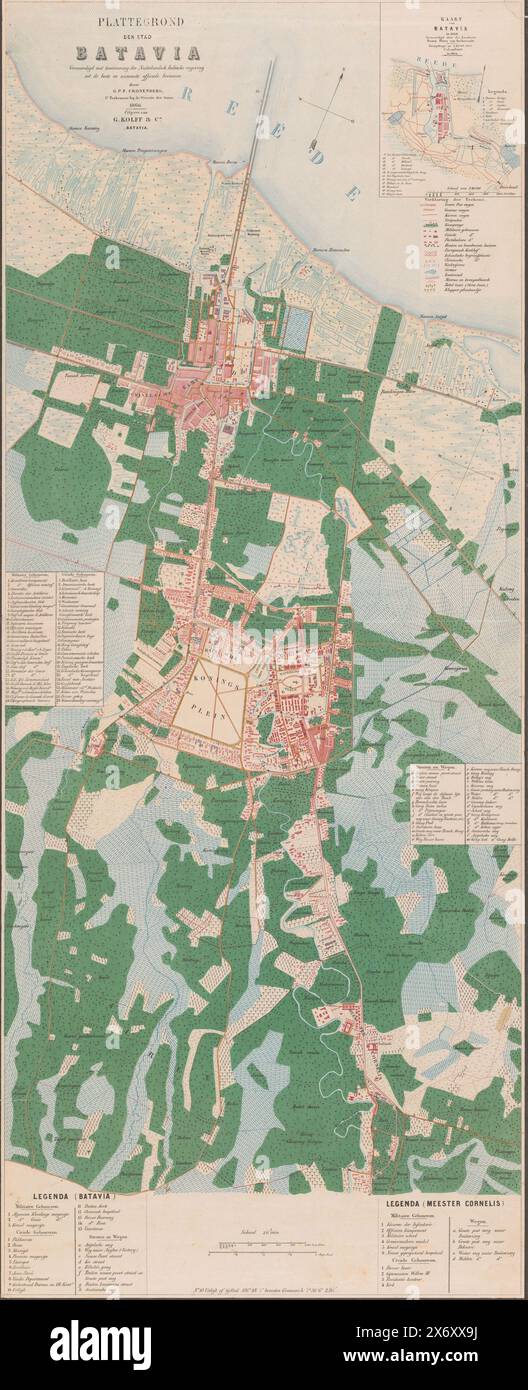 Karte der Stadt Batavia, Karte der Stadt Batavia (Titel auf Objekt), Karte von Batavia (Jakarta) im Jahr 1866, mit Umgebung, einschließlich Meester Cornelis (Jatinegara). Oben rechts eine Einfügung des Zustandes von Batavia im Jahre 1628 von Frans Floris van Berkenroode, reduziert auf einen Maßstab von 1:40.000 von Colombier., Druck, Druckerei: G.P.F. Cronenberg, (erwähnt auf dem Objekt), Druckerei: F. Cronenberg, (möglicherweise), Frans Florisz. Van Berckenrode (zum Gegenstand erwähnt), Herausgeber: Batavia, Drucker: Den Haag, 1866, Papier, Höhe, 983 mm x Breite, 382 mm Stockfoto