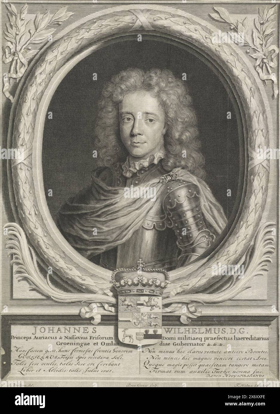 Porträt von Johan Willem Friso, Prinz von Orange-Nassau, Porträt von Johan Willem Friso in einem verzierten Oval aus Eichenblättern. In der Mitte unter seinem Wappen mit einer Krone. Auf einem Sockel sein Name, seine Titel und zwei Spalten mit je vier Zeilen lateinischen Textes., Druck, Druckerei: Pieter van Gunst, (auf dem Objekt erwähnt), nach Entwurf von: Bernard Vaillant, (auf dem Objekt erwähnt), David Fransz. Van Hoogstraten, (am Gegenstand erwähnt), Nordholland, 1705 - 1722, Papier, Gravur, Ätzen, Höhe, 362 mm x Breite, 278 mm Stockfoto