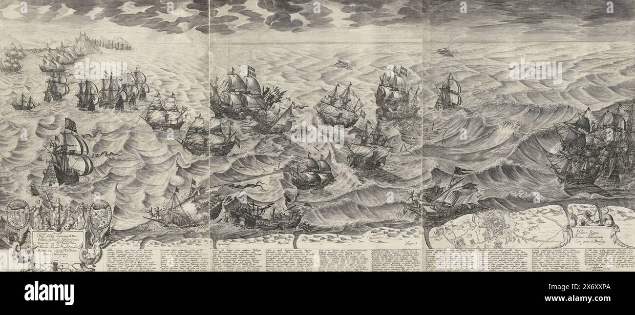 Die Zerstörung der spanischen Galeeren vor der flämischen Küste, 1602, Typus octo langaru[m] naviu[m] Anno MVIcII ab Hispaniae rege missaru[m] ad Oceanum Belgicu[m] infestandu[m], quaru[m] naviu[m] quator Angloru[m] atque Hollandoru[m] virtute conquassata sunt et submersae: ceterae naufragio periere (Titel zum Objekt), die Zerstörung der spanischen Galeeren im Ärmelkanal vor der flämischen Küste durch die niederländische Flotte unter Vizeadmiral Jacob van Duivenvoorde, Herr von Obdam, 3. Oktober 1602. Große Darstellung, das ganze besteht aus drei Blättern. Unterhalb der flämischen Küste von Calais bis Sluis. Mit Stockfoto