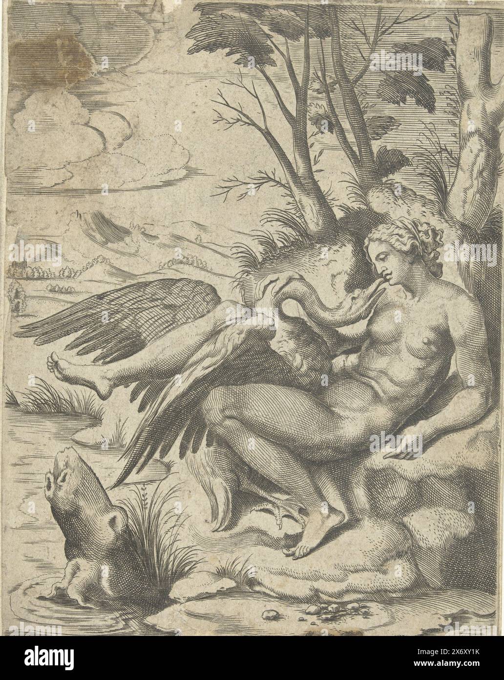 Leda und der Schwan, Jupiter's Love Adventures (Titel der Serie), verführt Leda in Form eines Schwans. Leda sitzt am Rand eines Wassers mit dem Schwan zwischen ihren Beinen. Druck aus einer Serie von 10 Drucken, die Jupiters Liebesleben veranschaulichen., Druck, Druckerei: Cornelis Bos, nach Zeichnung von: Michiel Coxie (I), unbekannt, ca. 1537 - ca. 1555, Papier, Gravur, Höhe, 173 mm x Breite, 135 mm Stockfoto