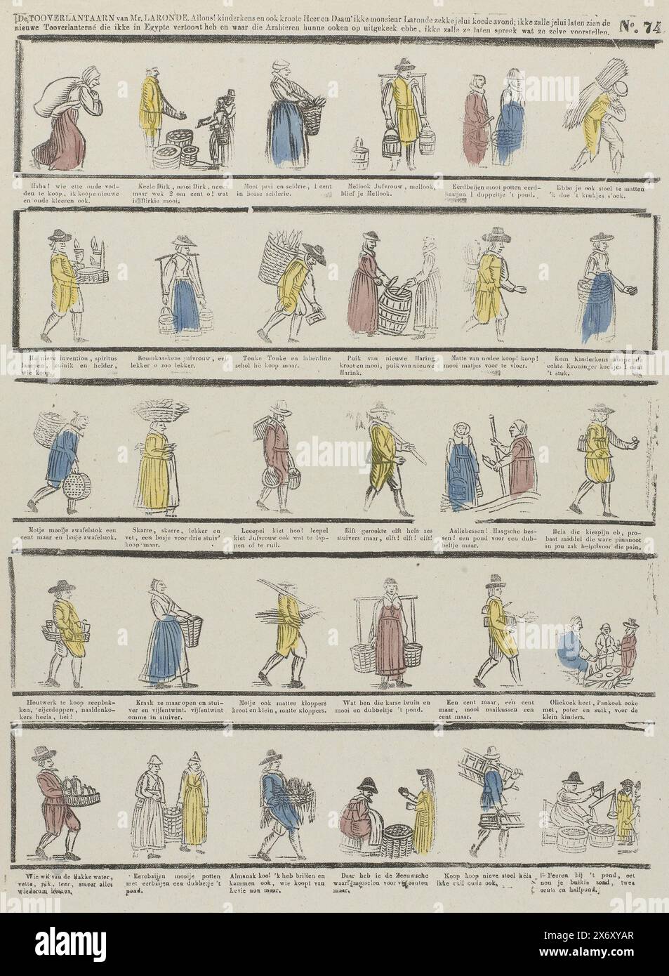 Die magische Laterne von Mr. Laronde (...) (Titel über Objekt), Blatt mit 5 Reihen mit Darstellungen von verschiedenen Straßenverkäufern: Verkäufer von Lumpen, Haushaltsgegenständen, Obst und Gemüse, Fisch, Almanaken, Gläser und Kämme, Streichhölzer, Holz, Fußmatten. Eine Beschriftung unter jeder Performance. Nummeriert oben rechts: Nr. 74., Print, Verlag: P.C.L. van Staden & Co., Verlag: P.C.L. van Staden, Druckerei: Anonym, Verlag: Amsterdam, Verlag: Amsterdam, Druckerei: Niederlande, 1850 - 1870, Papier, Buchdruck, Höhe, 309 mm x Breite, 323 mm Stockfoto