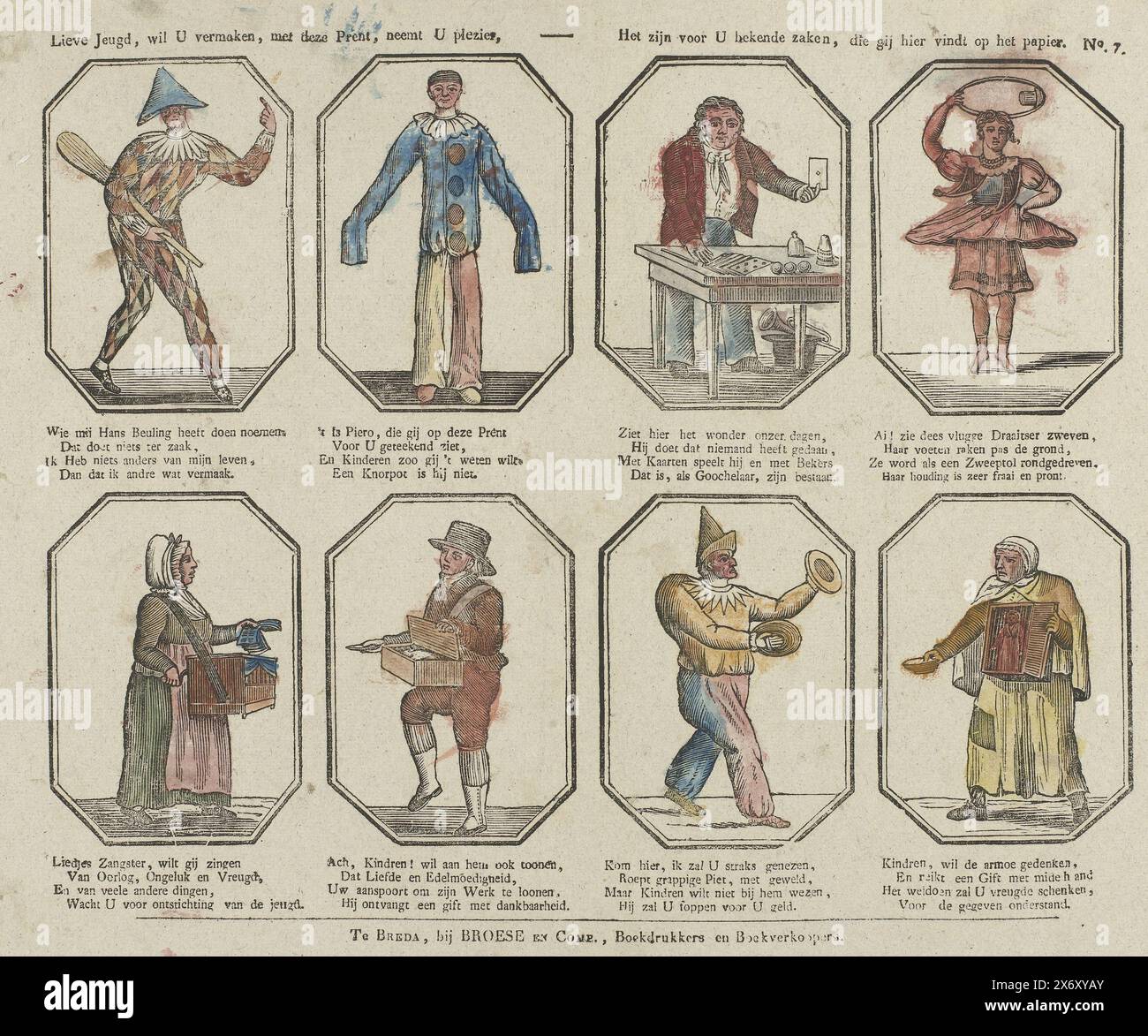 Liebe Jugend, ich möchte Sie unterhalten, mit diesem Druck, bitte freuen Sie sich - das sind Dinge, die Ihnen vertraut sind, das finden Sie hier auf dem Papier (Titel über Objekt), Blatt mit 8 Darstellungen von Typen aus dem Straßenleben und dem fairen Leben, darunter ein Zauberer, eine Liedverkäuferin, ein Bettler, ein Harlequin, Pierot und Hans Beuling. Eine vierzeilige Verse unter jeder Darstellung. Nummeriert oben rechts: No. 7., Print, Verlag: Broese & Compl., (auf dem Objekt erwähnt), Druckerei: Anonym, Breda, 1828 - 1853, Papier, Buchdruck, Höhe, 334 mm x Breite, 419 mm Stockfoto
