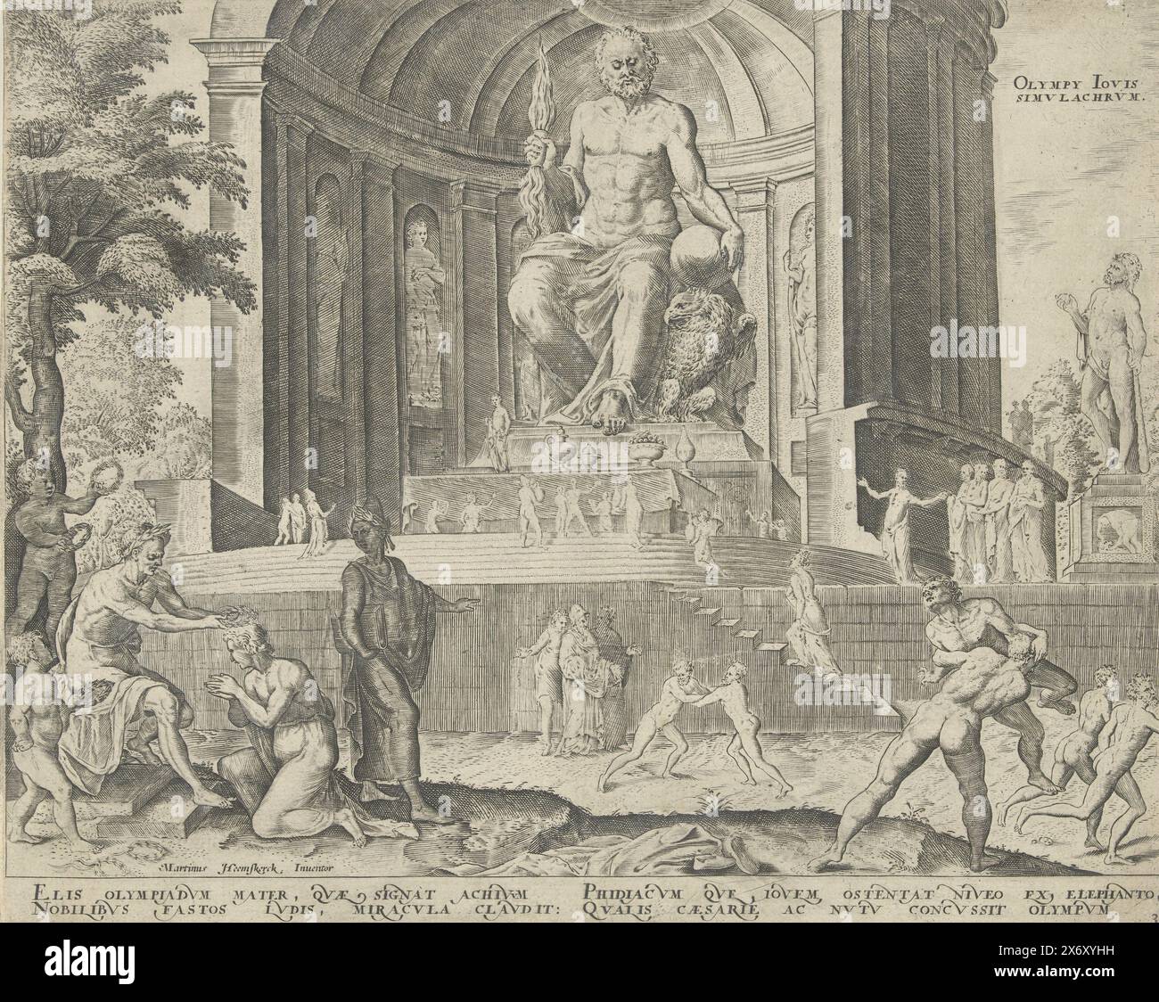 Zeus-Statue in Olympia, Olympy Iovis simvlacrvm (Titel auf Objekt), die acht Weltwunder (Titel der Serie), die Zeus-Statue befand sich im dorischen Tempel von Olympia auf dem griechischen Peloponnes. Sie wurde um 433 v. Chr. erbaut. Geschaffen vom Athener Bildhauer Phidias. Rechts vom Tempel eine Herkules-Statue. Auf den Stufen vor dem Tempel verehren die Menschen die Statue des Zeus. Rechts im Vordergrund stehen olympische Wrestler und Läufer, links wird einer der Gewinner geehrt. Der Druck hat eine lateinische Unterschrift und ist Teil einer Serie über die acht Wunder von Stockfoto
