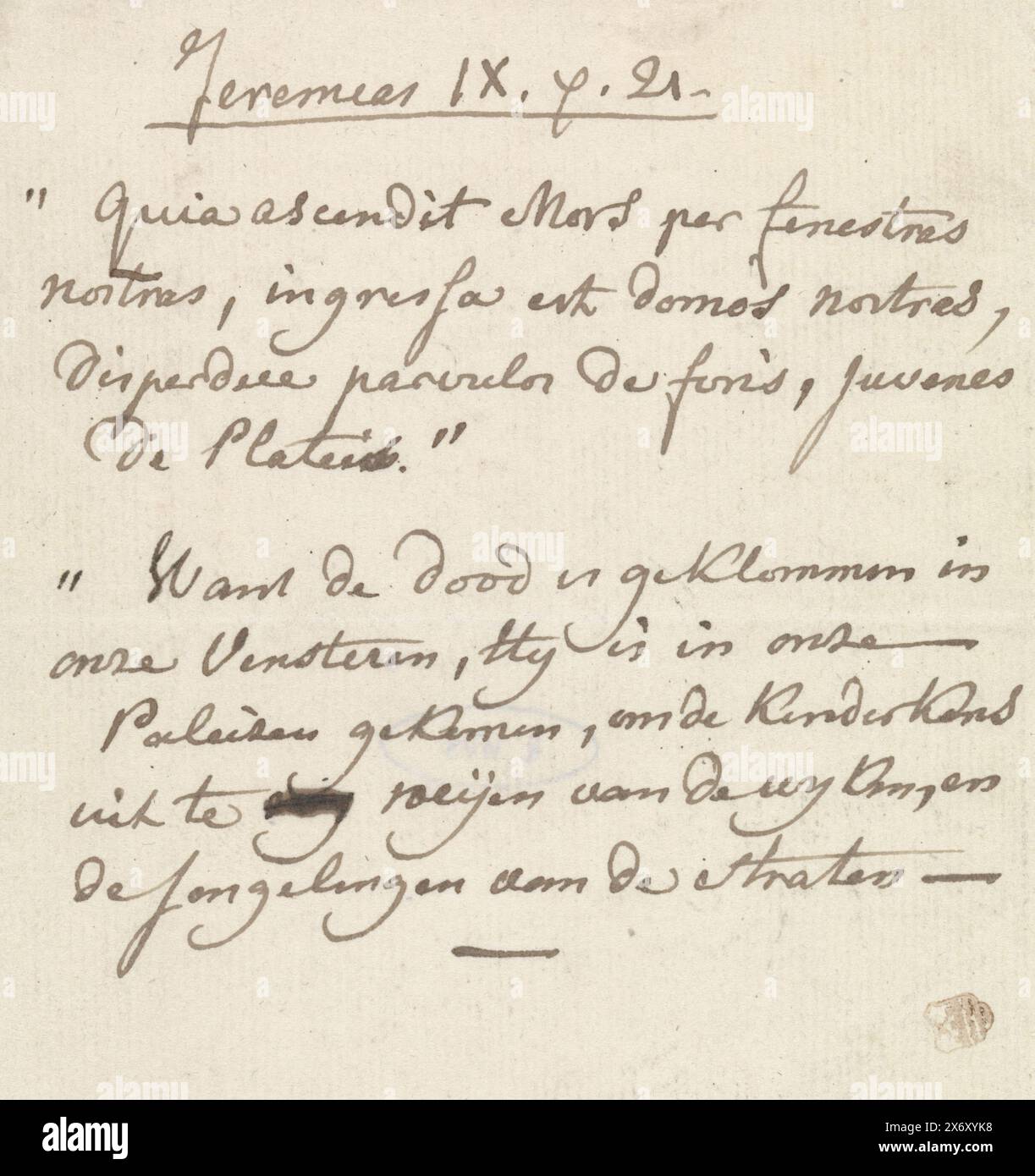 Hinweis zur allegorischen Warnung vor Onanismus, der Bibelvers Jer. 9:20 Uhr in Tinte auf Latein und Niederländisch geschrieben. Unten in Bleistift: Dieser Text wurde von Herrn Humbert de Suppv geschrieben. Es entstand die Ätzung des Bildes, das ein lügendes Kind und den Tod darstellt., anonym, unbekannt, 1801 - 1937, Papier, Schreiben (Prozesse), Höhe, 117 mm x Breite, 98 mm Stockfoto