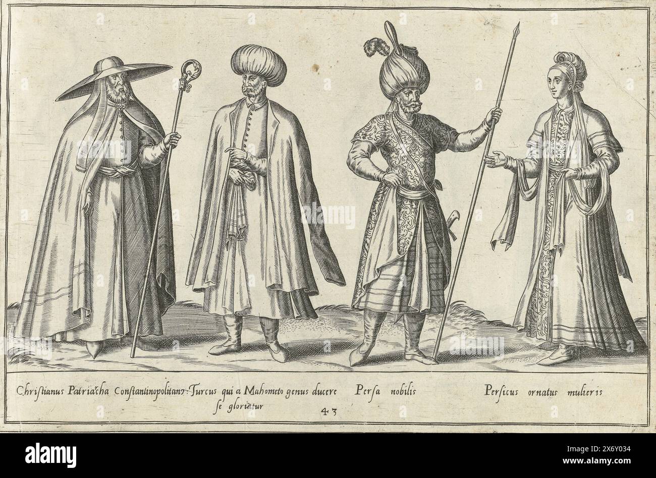 Drei Männer und eine Frau in orientalischer Kleidung, ca. 1580, Druck aus dem Buch 'Omnium pene Europae, Asiae, Aphricae atque Americae gentium habitus...', 1581. Der Druck ist Teil eines Albums., Druckerei: Abraham de Bruyn, Verlag: Abraham de Bruyn, in oder vor 1581, Papier, Gravur, Höhe ca. 265 mm x Breite ca. 360 mm Stockfoto