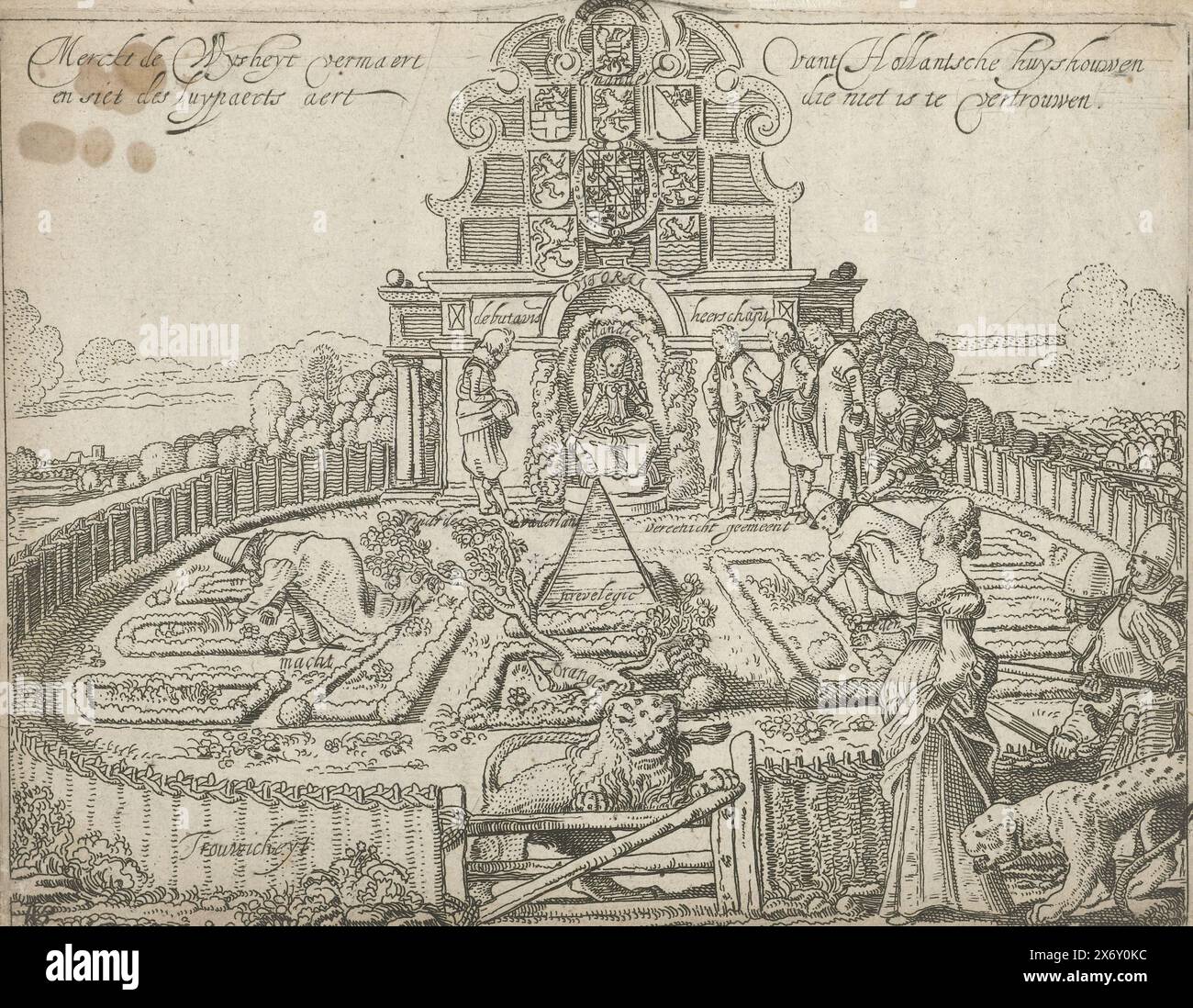 Titelseite der Broschüre Merckt de Wysheit vermaert vant Hollandsche huyshouwen en siet des luypaerts aert die Not be Trusted, 1615, Titelseite der Broschüre mit dem Vers auf dem Titeldruck: Merckt de Wysheit vermaert vant Hollandsche huyshouwen en siet des luypaerts aert die Not be Trust, 1615. Allegorie über die Unzuverlässigkeit Spaniens und die Freiheit und den Wohlstand der sieben Provinzen, vertreten durch den niederländischen Garten. Die niederländische Jungfrau sitzt auf einem Thron im niederländischen Garten, verteidigt am Zaun vom niederländischen Löwen, mit Prinz Maurits auf der linken Seite. Hinter ihr ist eine Fassade mit Stockfoto