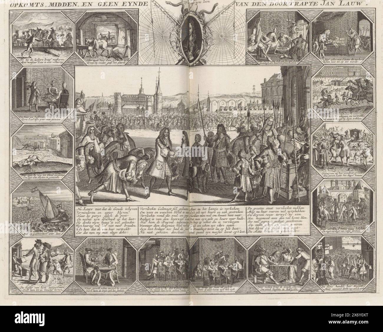 The Rise but not yet Fall of John Law, 1720, Rise, Middle and no End of the Bösewicht Jan Lauw (Titel über Objekt), Het Groote Tafereel der Torheit (Titel der Serie), The Rise but Not Ether Fall of John Law. Zentral eine Darstellung der Ankunft und Rezeption von John Law in Paris, mit einer Bildunterschrift von vier Versen. Umgeben von sechzehn kleineren Szenen aus Law' Leben, über seinem Porträt zwischen Spinnweben. Druck in der gebundenen Erstausgabe (304 B 11) von Het Groote Tafereel der Dwaasheid mit Cartoons über den Windhandel oder Actiehandel von 1720., Druck, Druckerei: Anonym, nach Druck von: Romeyn de Stockfoto