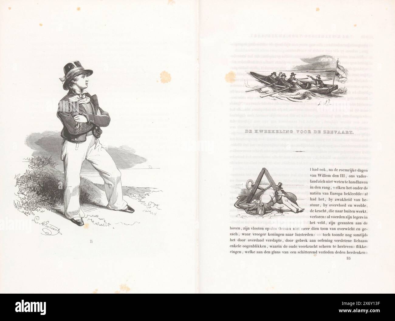 Der Seemann für die Seefahrt, 1840-1841, der Seemann für die Seefahrt. Ein Schüler an der maritimen Schule. Ein stehender Junge am Ufer. Nummeriert: 35. Illustration im Buch 'die Niederlande: Charakterskizzen, Kostüme, Haltung und Aussehen verschiedener Klassen', ein Buch mit Charakterskizzen, Berufen und Kostümen niederländischer Volkstypen aus dem Jahr 1841., Druck, Druckerei: Henry Brown, nach Zeichnung von: Lodewijk Anthony Vintcent, (erwähnt auf dem Objekt), Verlag: Nederlandsche Maatschappij van Schoone Kunsten, Druckerei: Niederlande, nach Zeichnung: Niederlande, Verlag: den Haag, 1841 Stockfoto