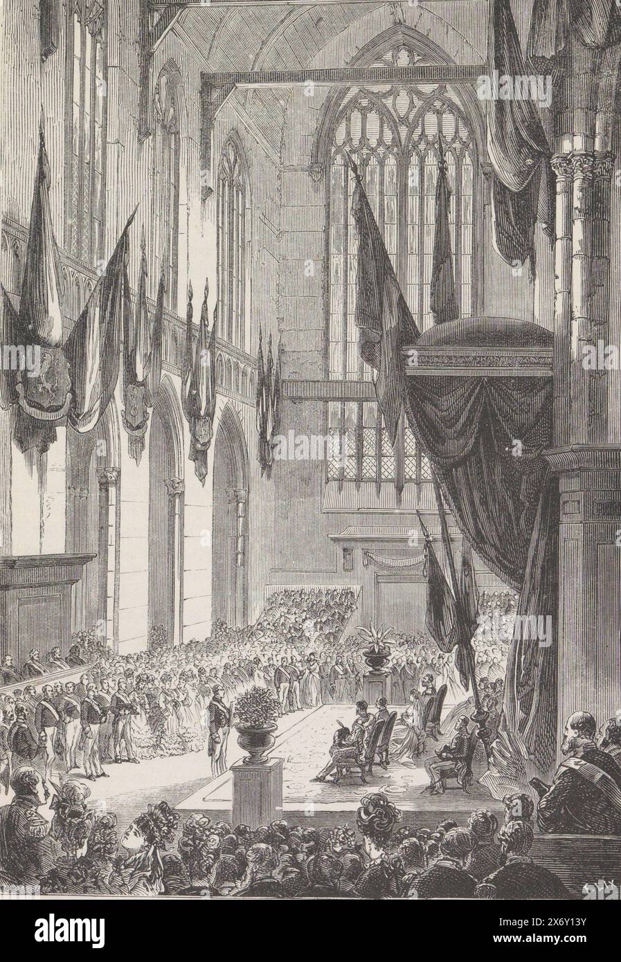 Zeremonie mit König Wilhelm III. Im Nieuwe Kerk in Amsterdam, 1874 Zeremonie im Nieuwe Kerk (Titel auf Objekt), Zeremonie mit König Willem III. Im Nieuwe Kerk in Amsterdam am 12. Mai 1874. Illustration in einer Kopie des Gedenkbuchs der Feierlichkeiten im Mai 1874 anlässlich des 25. Jahrestages der Regierungszeit von König Wilhelm III., Druck, Druckerei: Frédéric Théodore Lix, (auf dem Objekt erwähnt), nach Zeichnung von: Henry Havard, Verlag: Dirk Anthonie Thieme, Druckerei: Frankreich, nach Zeichnung: Niederlande, Verlag: Arnhem, 1874, Papier, Holzstich, Höhe, 270 mm Stockfoto