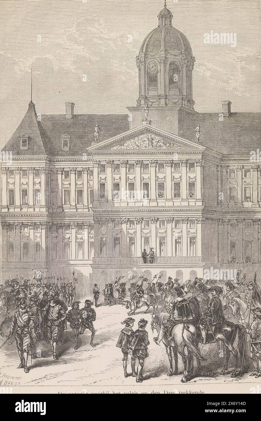 Parade vor dem Palast auf dem Dam-Platz, 1874, Parade am Palast auf dem Dam-Platz (Titel auf Objekt), Parade am Königlichen Palast auf dem Dam-Platz in Amsterdam, Mai 1874. König Wilhelm III. Überwacht die Feierlichkeiten auf dem Balkon. Illustration in einer Kopie des Gedenkbuchs der Feierlichkeiten im Mai 1874 anlässlich des 25. Jahrestages der Regierungszeit von König Wilhelm III., Druck, Druckerei: K. Ferdinandus, (auf dem Objekt erwähnt), Druckerei: A. Deroi, (auf dem Objekt erwähnt), nach Zeichnung von: Henry Havard, Druckerei: Frankreich, Druckerei: Frankreich, nach Zeichnung von Stockfoto