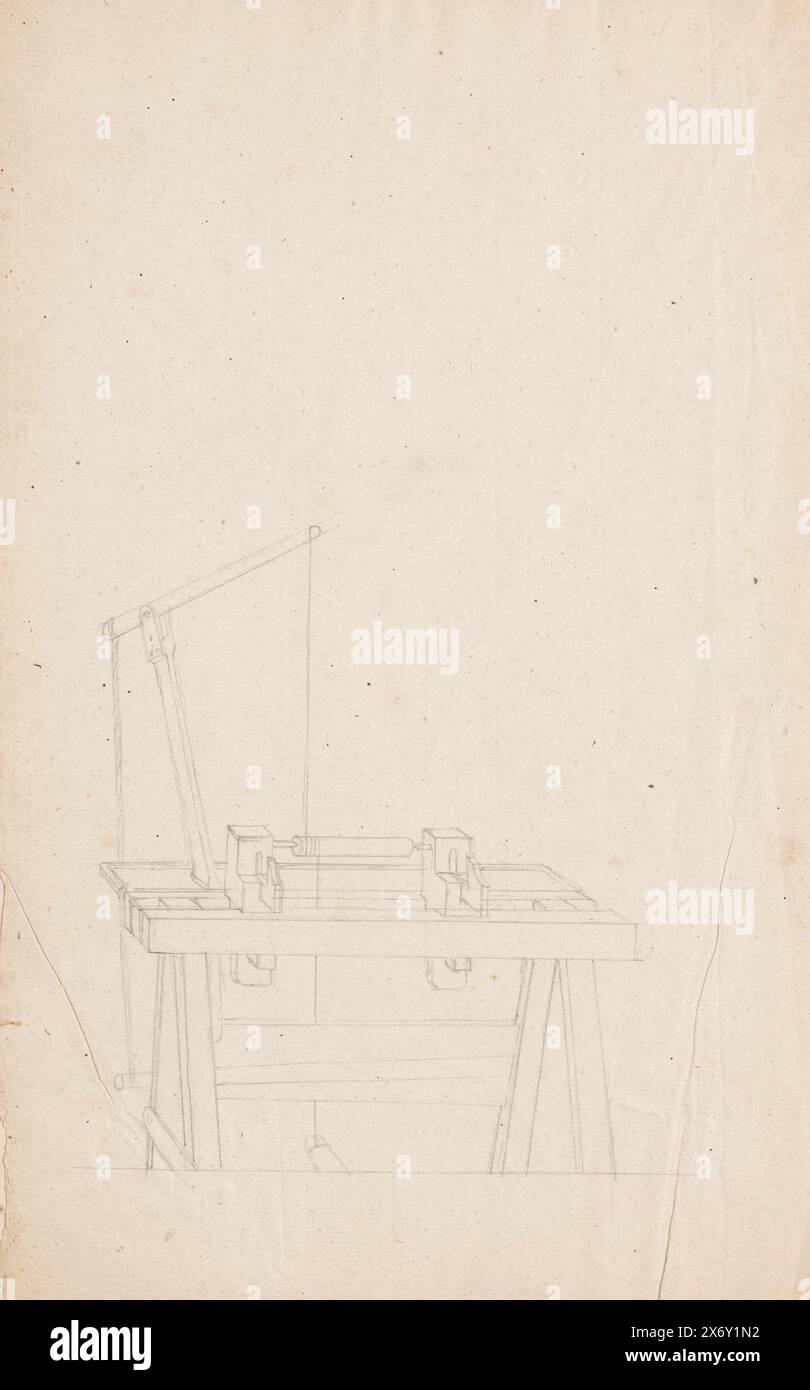 Holzmaschine, gefaltetes Blatt mit einer Konstruktionszeichnung einer Werkbank mit einem Mechanismus, der aus einem Hebel und einer Spule besteht. Vielleicht eine Dreh- oder Bohrmaschine. Alle Arten von Bohrern und Meißeln auf der Rückseite., Zeichnung, Zeichner: Jan Brandes, Skälsebo, 1787 - 1808, Papier, Höhe, 340 mm x Breite, 210 mm Stockfoto