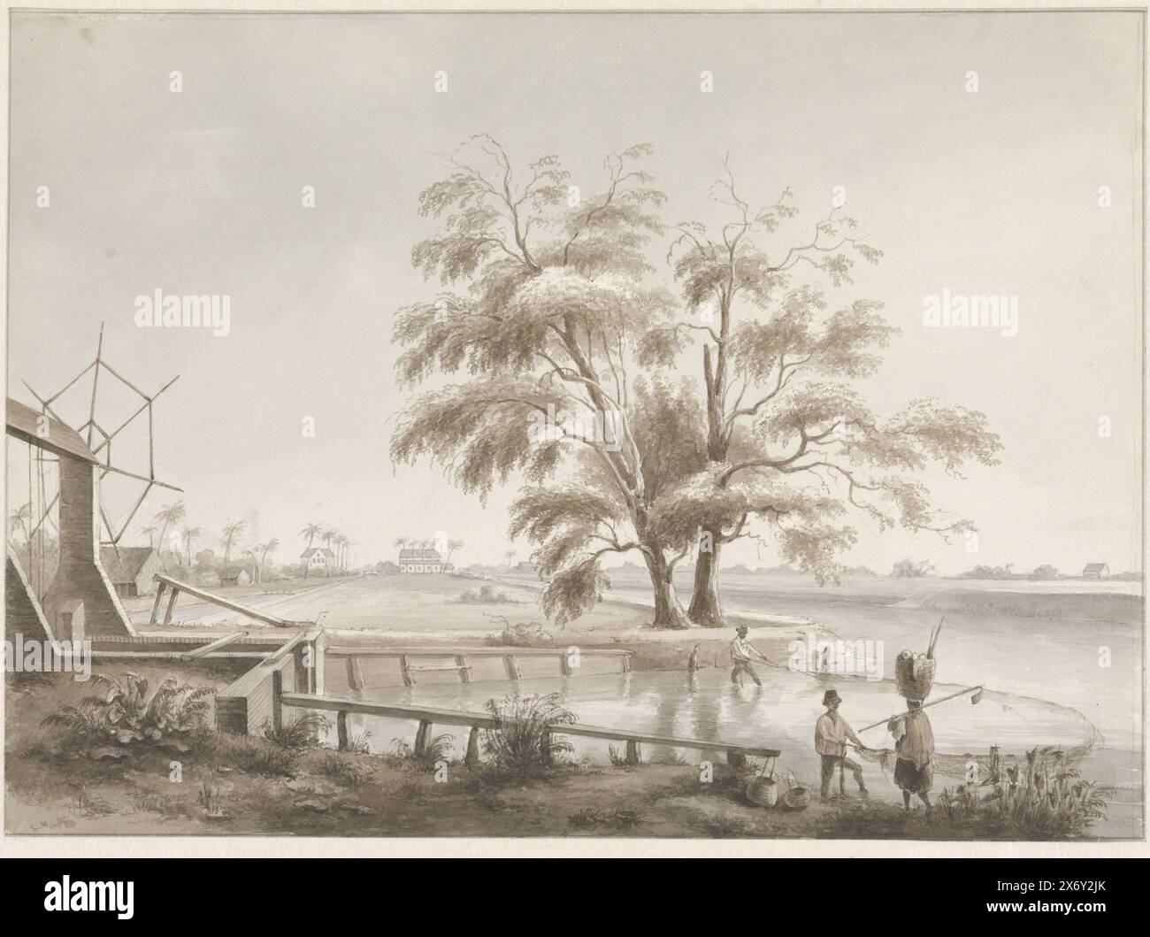 Blick auf eine Plantage mit Schloss links, Blick auf eine Plantage mit vier Häusern in der Ferne. Links ein Schloss und zwei Männer, die mit einem Netz fischen. Am Ufer spricht eine Frau mit einem großen Korb mit Nahrung auf dem Kopf und Werkzeugen in der Hand mit einem der Fischer. Zwei leere Körbe, wahrscheinlich für die Fische, befinden sich ebenfalls auf der Seite. Auf der Rückseite eine Bleistiftskizze einer Figur mit einem Schaf., Zeichnung, Zeichner: Hendrik Huygens, Paramaribo, nach 20. August 1849 - vor September 1851, Papier, Stift, Pinsel, Höhe, 23,6 cm x Breite, 32,5 cm Stockfoto