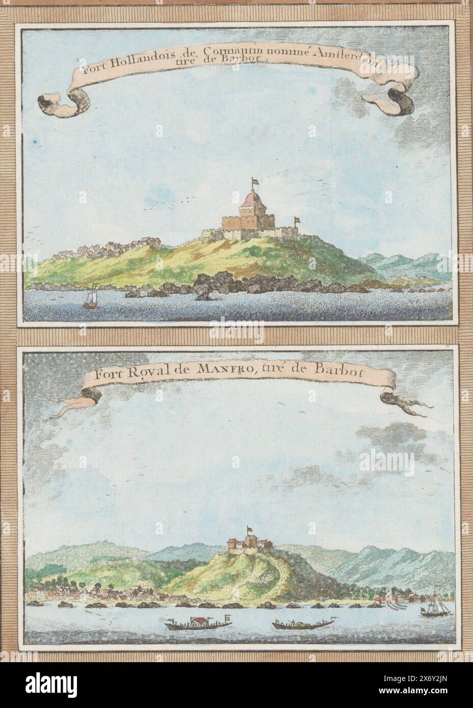 Fort Amsterdam in Cormantijn an der Goldküste, Forte Hollandois de Cormantin nommé Amsterdam, tiré de Barbot, Fort Royal de Manfro, tiré de Barbot (Titel auf Objekt), Blatt mit zwei Forts. Oben: Blick auf Fort Amsterdam in Cormantijn an der Goldküste Ghanas. Unten: Ansicht der dänischen Festung Groot Frederiksborg in Prinzstadt., Druck, Druckerei: Pierre Quentin Chedel (erwähnt auf Objekt), nach Zeichnung von: Pierre Quentin Chedel (erwähnt auf Objekt), Frankreich, 1746, Papier, Ätzen, Höhe, 228 mm x Breite, 155 mm Stockfoto