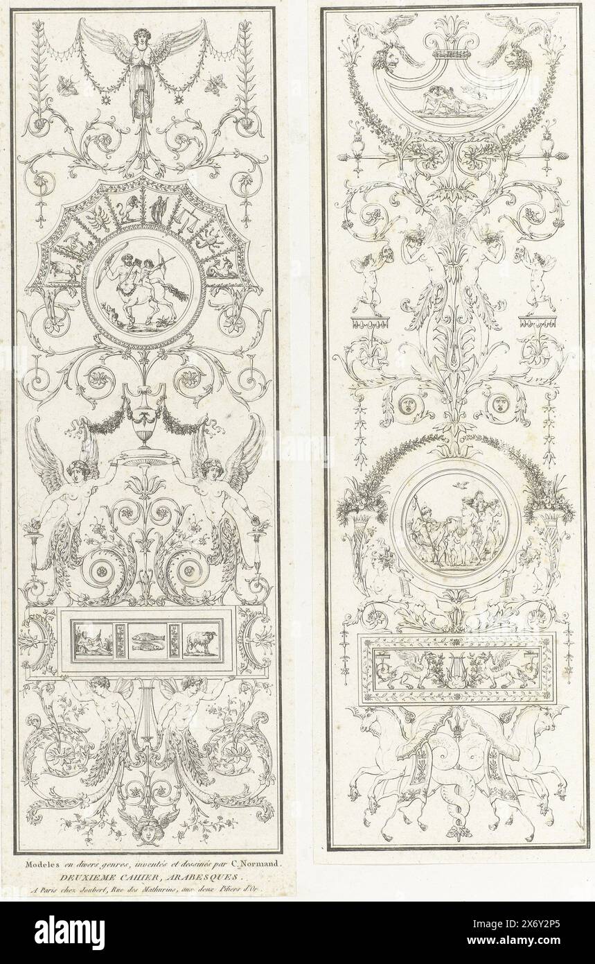 Zwei Paneele mit modernen Grotesken, Deuxieme Cahier, Arabesques. (Titel über Objekt), auf der linken Platte ist oben ein Medaillon mit einem Zentaur, auf dem ein Junge mit Pfeil und Bogen sitzt, auf der rechten Seite zwei geflügelte Pferde unten mit einem Schwanz und Hufen, die in Blattranken enden. Druckerei: C. Normand, nach Entwurf von: C. Normand, (erwähnt auf Objekt), Verlag: Joseph Joubert, (erwähnt auf Objekt), Paris, c. 1866 - c. 1900, Papier, Höhe, 418 mm x Breite, 290 mm Stockfoto
