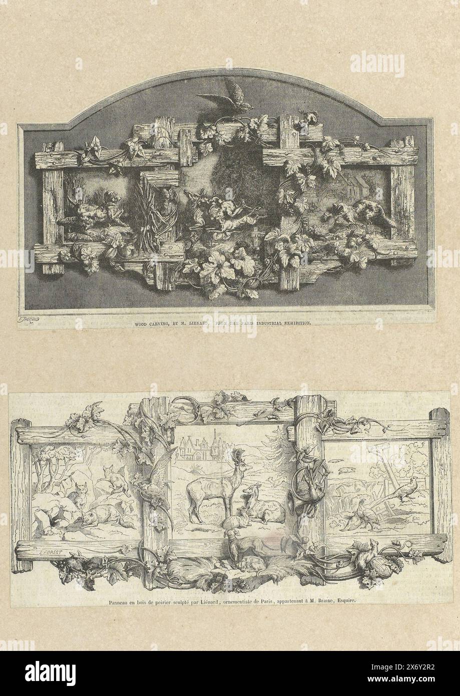 Zwei Rahmen aus Holzdielen mit Darstellungen von Tieren, zwei Zeitungsausschnitte. In der oberen Platte wird ein Hirsch von Hunden angegriffen, in der unteren Platte liegt ein kleiner Hirsch neben zwei ausgewachsenen Hirschen., nach Druck: Michel Liénard, anonym, ca. 1866 - ca. 1900, Papier, Druck, Höhe, 418 mm x Breite, 290 mm Stockfoto