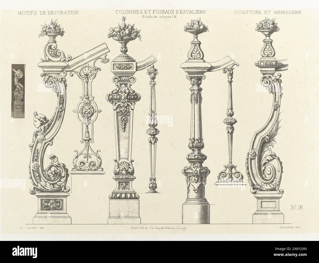 Acht Baluster, Colonnes et fuseaux d escaliers (Titel auf Objekt), Säulen und Treppenstangen. Auf der linken Seite ist ein kleines ausgeschnittenes Foto eines Balusters in Form von zwei Voluten. Oben links steht: Motifs de Decoration, oben rechts: Skulpturen und menuiserie, unten rechts: Nr. 16, Druck, Druckerei: Charles Claesen, (auf dem Objekt erwähnt), nach Entwurf: J. Herman, (auf dem Objekt erwähnt), Verlag: Etablissement Lithographique de Charles Claesen, (auf dem Objekt erwähnt), Lüttich, (möglicherweise), ca. 1866 - ca. 1900, Papier, Albumendruck, Höhe, 418 mm x Breite, 290 mm Stockfoto