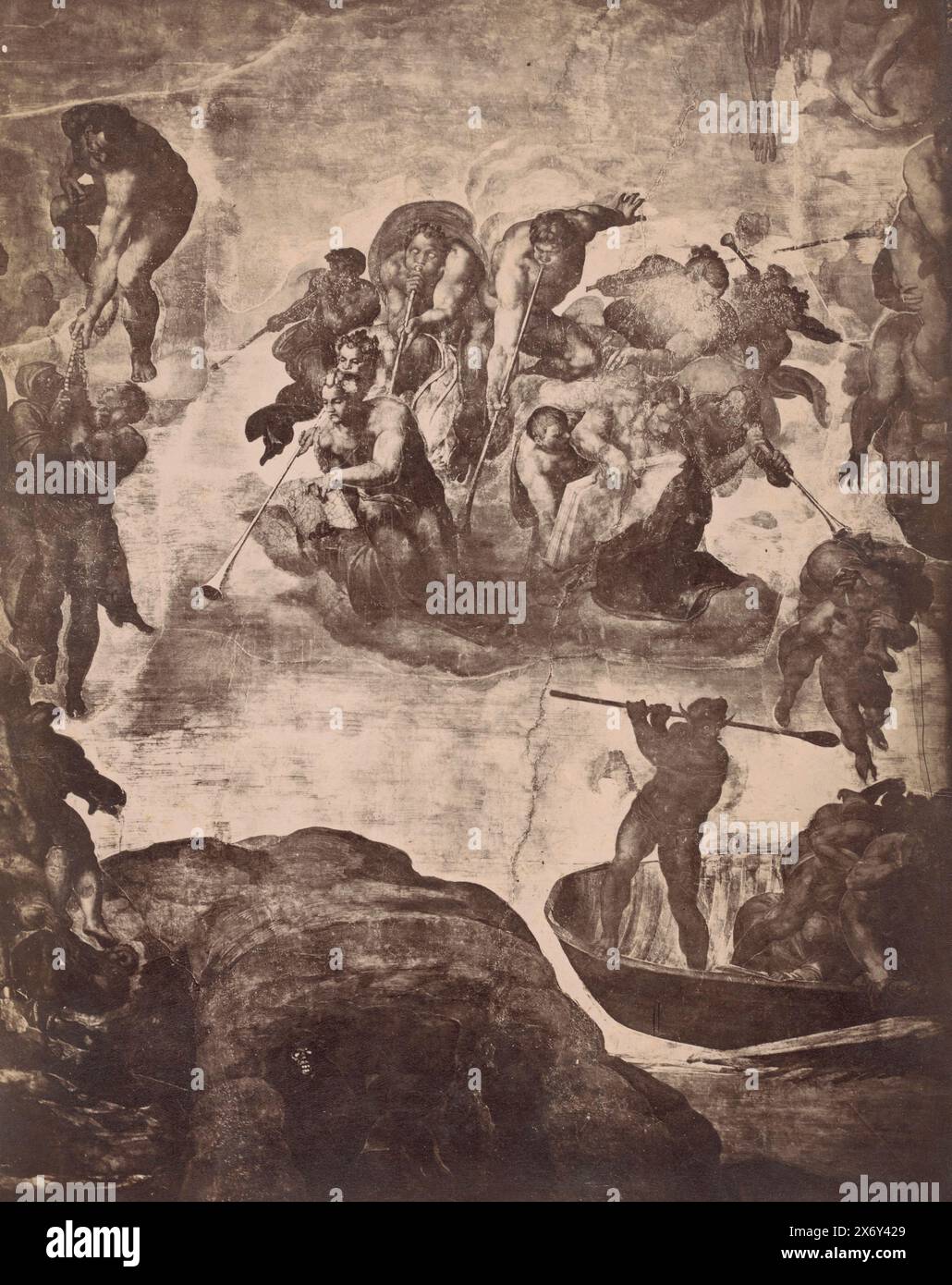 Fotoreproduktion eines Teils der Fresken an der Wand der Sixtinischen Kapelle in Vatikanstadt von Michelangelo mit trompetenspielenden Engeln, Foto, anonym, nach Malerei von Michelangelo, Sixtijnse kapel (Vaticaan), um 1875 - um 1900, Karton, Albumendruck, Höhe, 413 mm x Breite, 326 mm Stockfoto