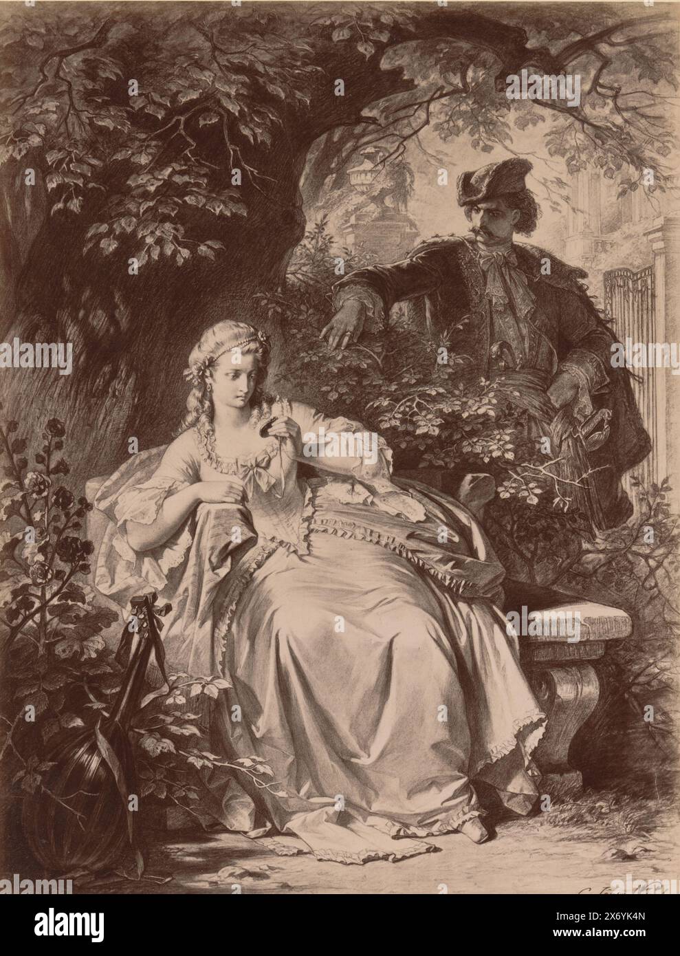 Fotoreproduktion einer Zeichnung einer Szene aus einem Theaterstück von Friedrich Schiller mit einem bevorstehenden Raub, von Carl Jaeger, die Räuber (Titel auf Objekt), Foto, Friedrich Bruckmann, (auf Objekt erwähnt), nach Zeichnung von: Carl Jaeger, (auf dem Objekt erwähnt), London, (möglicherweise), ca. 1870 - in oder vor ca. 1875, fotografischer Träger, Albumendruck, Höhe, 291 mm x Breite, 222 mm Stockfoto