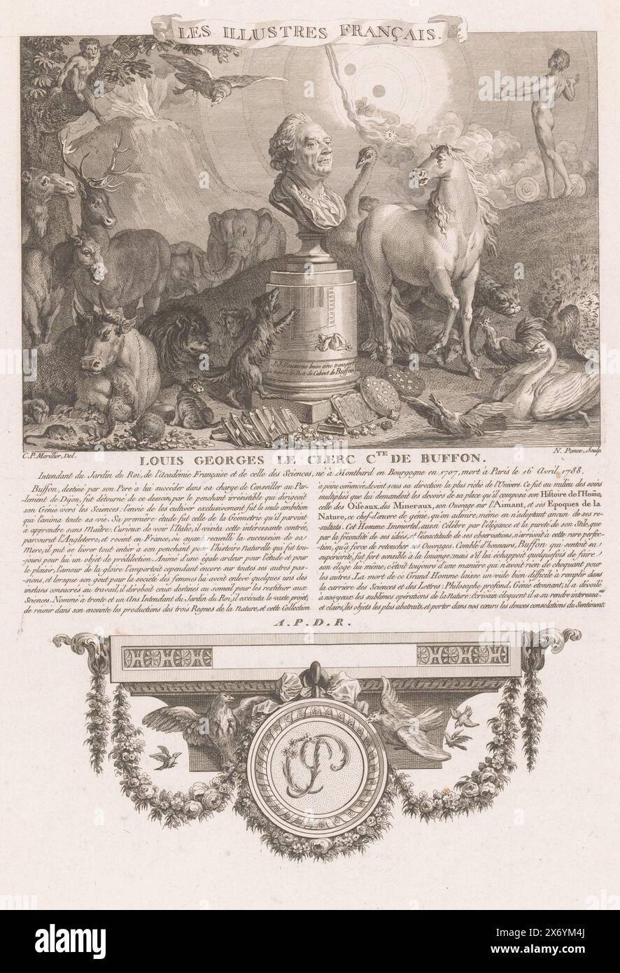 Allegorisches Porträt von Georges-Louis Leclerc de Buffon, Porträts französischer historischer Figuren (Titel der Serie), Les illustres francais, ou tableaux historiques des grands hommes de la France (Titel der Serie), Druck, Druckerei: Nicolas Ponce, (auf dem Objekt erwähnt), nach Zeichnung von: Clément Pierre Marillier, (zum Gegenstand erwähnt), Franse kroon, (zum Gegenstand erwähnt), Frankreich, 1790 - 1816, Papier, Ätzen, Gravieren, Höhe, 336 mm x Breite, 226 mm Stockfoto