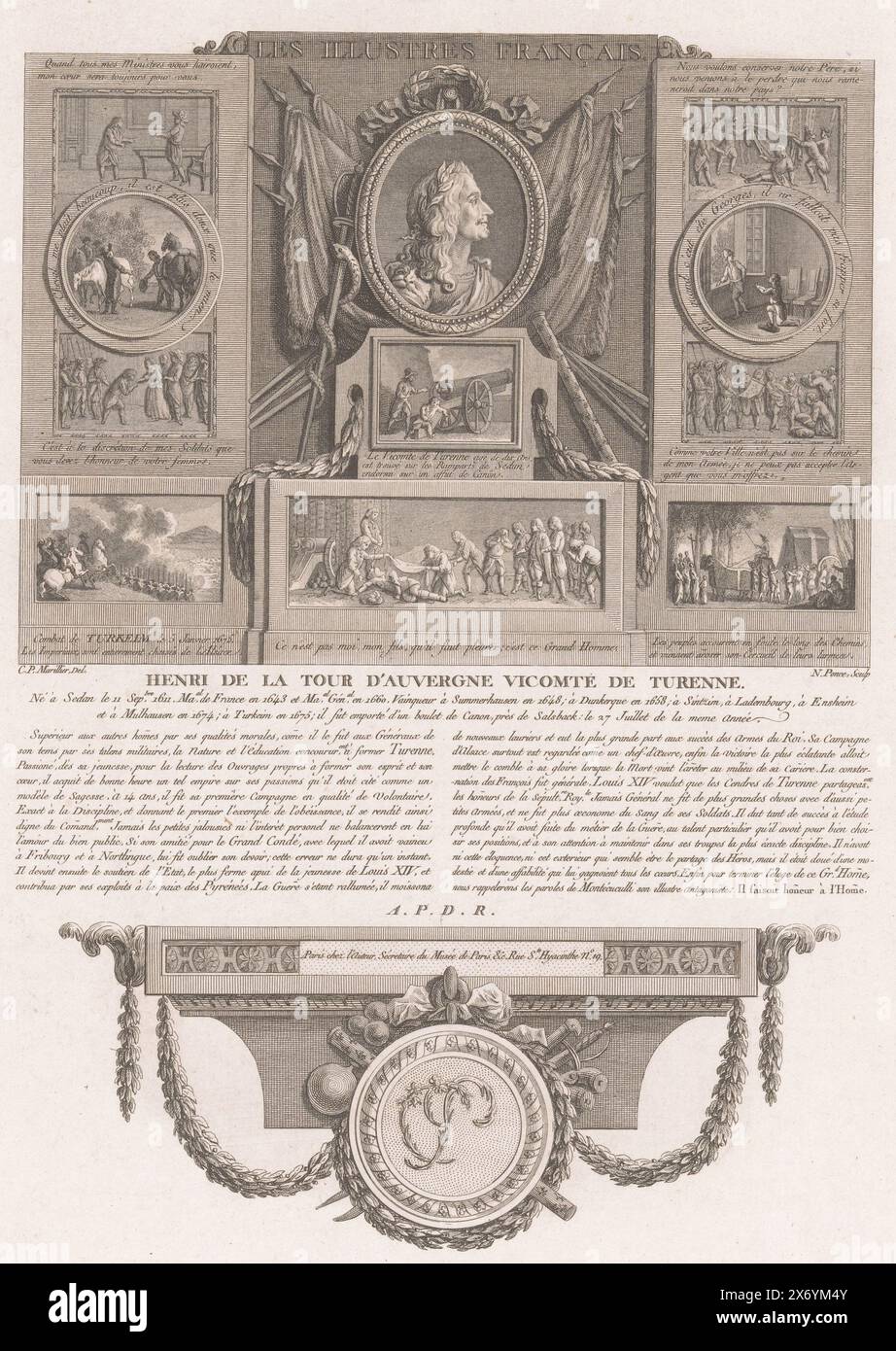 Allegorisches Porträt von Henri de La Tour d'Auvergne, Porträts französischer historischer Figuren (Serientitel), Les illustres francais, ou tableaux historiques des grands hommes de la France (Serientitel), Druck, Druckerei: Nicolas Ponce, (auf Objekt erwähnt), nach Zeichnung von: Clément Pierre Marillier, (auf Objekt erwähnt), Verlag: Nicolas Ponce (erwähnt auf dem Gegenstand), Herausgeber: Paris, Frankreich, 1790 - 1816, Papier, Ätzen, Gravieren, Höhe, 335 mm x Breite, 225 mm Stockfoto