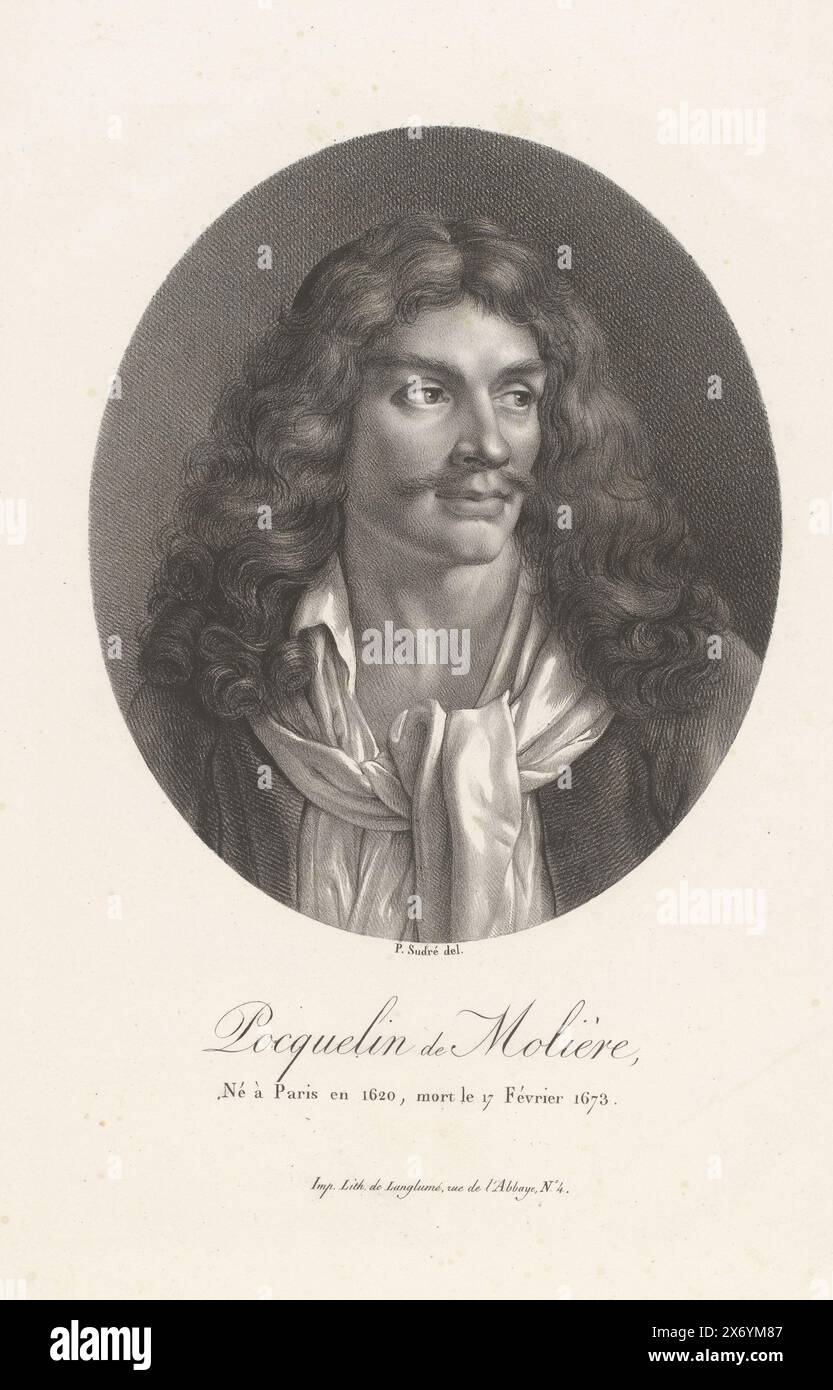 Porträt des Dramatikers Molière, Pocquelin de Molière (Titel auf Objekt), Porträt französischer Berühmtheiten (Titel der Serie), Le panthéon francais (Titel der Serie), Druck, Druckerei: Jean Pierre Sudre (1783-1866), (auf Objekt erwähnt), Drucker: Pierre Langlumé, (auf Objekt erwähnt), Paris, 1822, Papier, Höhe, 425 mm x Breite, 285 mm Stockfoto