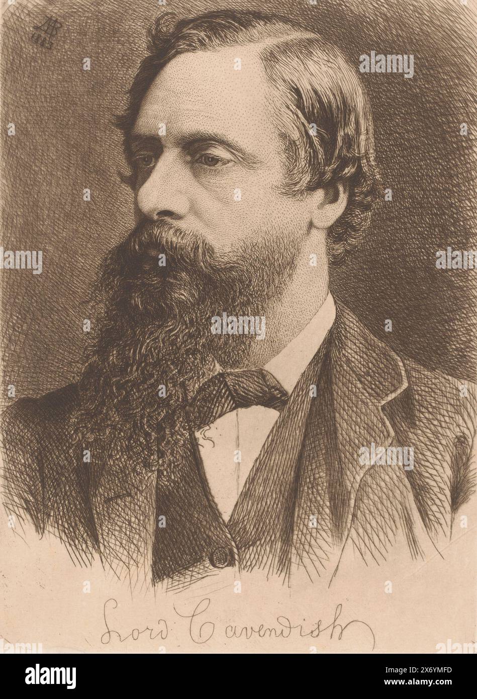 Porträt von Frederick Cavendish, Lord Cavendish (Titel auf Objekt), Druck, Druckerei: Jean Baptiste Pierre Michiels, (signiert vom Künstler), 1883, Papier, Ätzung, Höhe, 302 mm x Breite, 224 mm Stockfoto