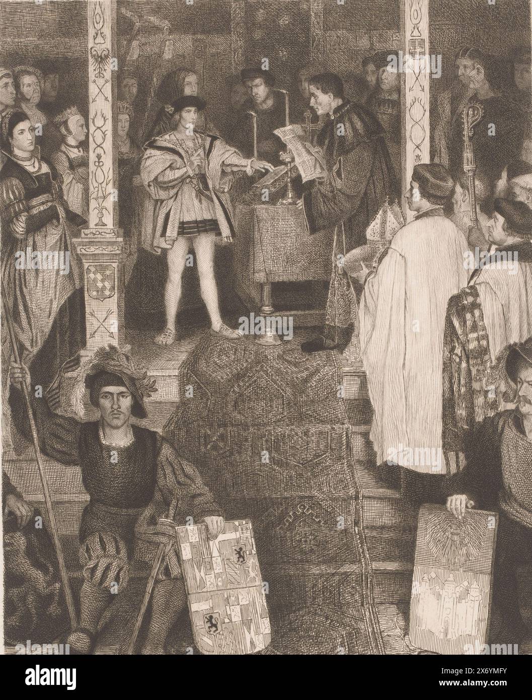 Eid Karl V. von Habsburg, Druck, Druckerei: Jean Baptiste Pierre Michiels (signiert vom Künstler), nach Malerei von Henri Leys (Baron), 1863 - 1890, Papier, Ätzung, Höhe, 400 mm x Breite, 295 mm Stockfoto