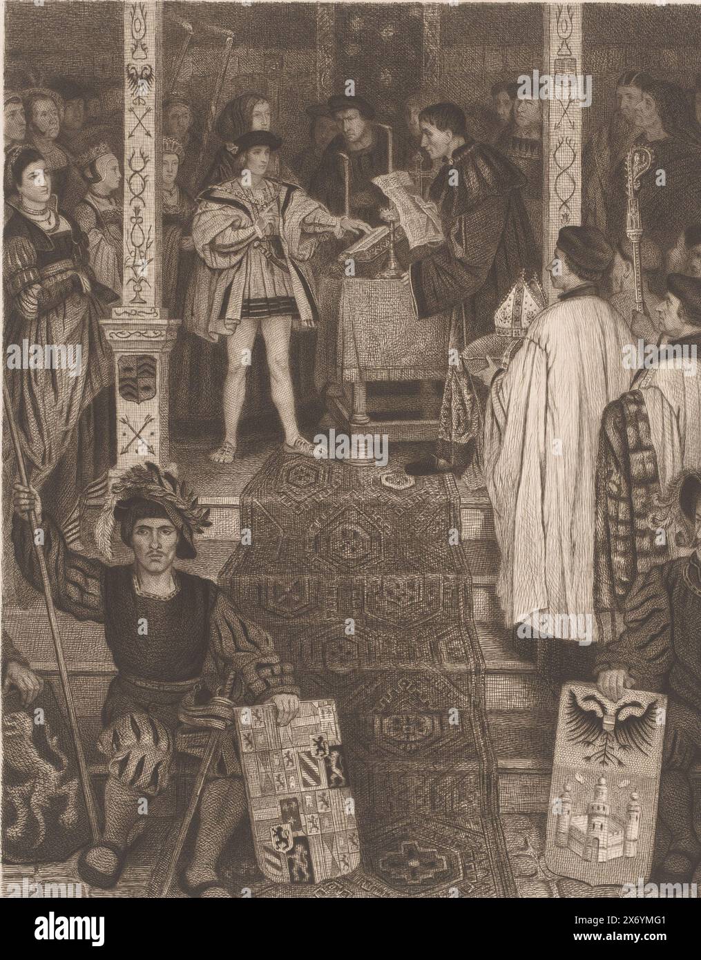 Eid Karl V. von Habsburg, Druck, Druckerei: Jean Baptiste Pierre Michiels (signiert vom Künstler), nach Malerei von Henri Leys (Baron), 1863 - 1890, Papier, Ätzung, Höhe, 396 mm x Breite, 295 mm Stockfoto