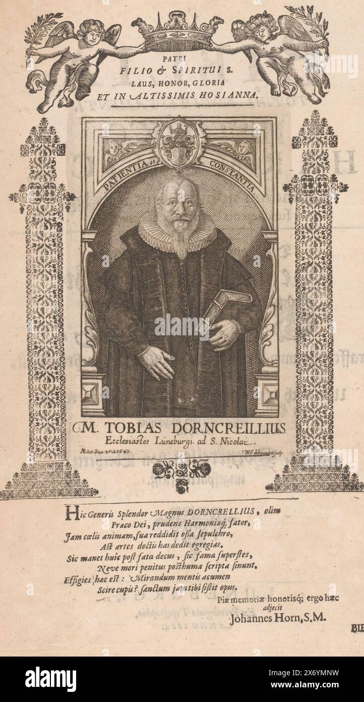 Porträt von Tobias Dornkrell von Eberherz, Druck, Druckerei: Wilhelm Schwan, (erwähnt auf Objekt), Johannes Horn, (erwähnt auf Objekt), Verlag: Jacob Dornkrell ab Eberhertz, 1685, Papier, Gravur, Buchdruck, Höhe, 160 mm x Breite, 103 mm Stockfoto