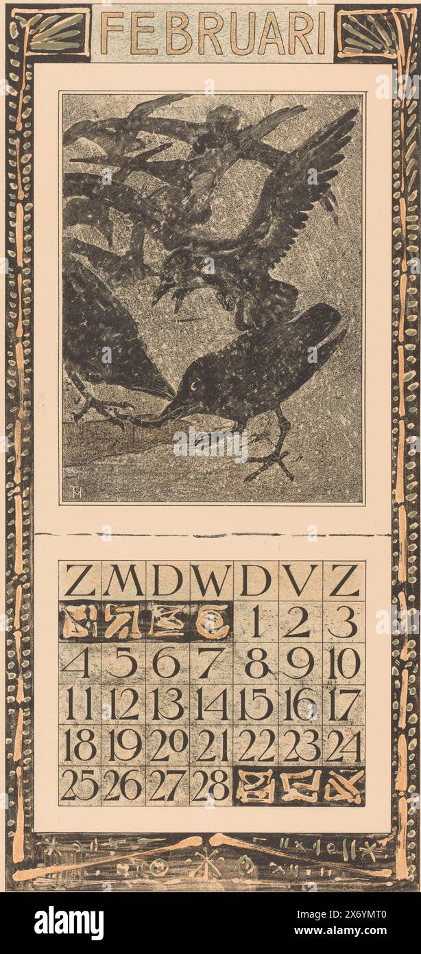 Kalenderblatt Februar mit Krähen im Schnee, Kalender 1906 12 Lithographien von Th. v. Hoytema (Serientitel), eine Tränenlinie am oberen Seitenrand., Druck, Druckhersteller: Theo van Hoytema, (auf dem Objekt erwähnt), Drucker: Tresling & Comp., Verlag: Theo van Hoytema, Amsterdam, 1905, Papier, Höhe, 450 mm x Breite, 210 mm Stockfoto