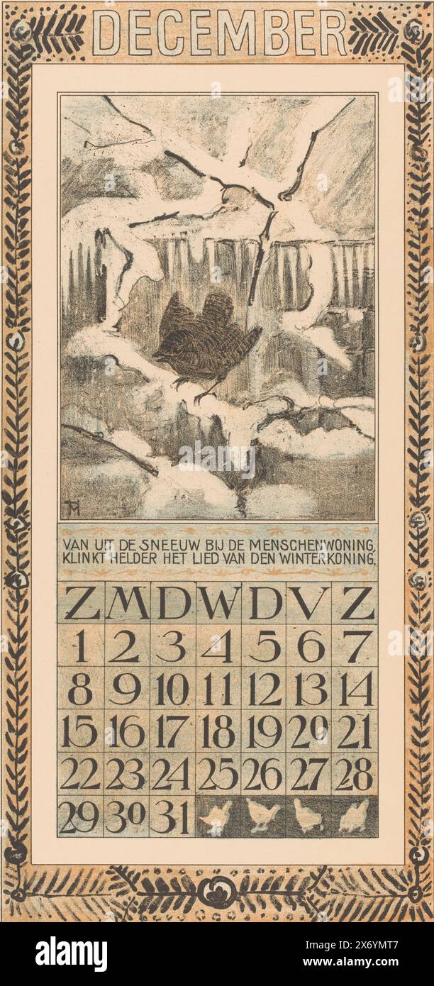 Dezember-Kalenderblatt mit Zaunern, singender Zauner, Kalender 1907 12 Lithographien von Th. v. Hoytema (Titel der Serie), der Vogel sitzt auf schneebedeckten Ästen. Eine Reißlinie oben auf dem Blatt., Druck, Druckerei: Theo van Hoytema, (auf dem Objekt erwähnt), Drucker: Tresling & Comp., Verlag: Theo van Hoytema, Amsterdam, 1906, Papier, Höhe, 440 mm x Breite, 210 mm Stockfoto