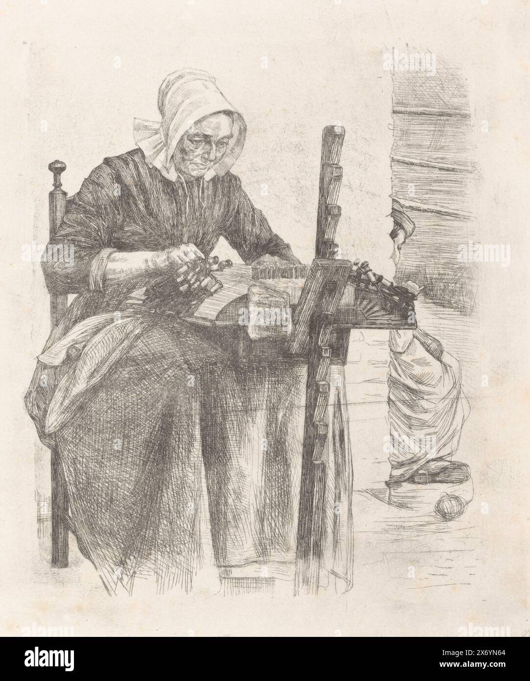 Lacemaker in's Gravemoer (Originaltitel), Druck, Druckerei: Jan Veth, (signiert vom Künstler), Hobbe Smith, (signiert vom Künstler), 1885, Papier, Ätzen, Höhe, 208 mm x Breite, 169 mm Stockfoto