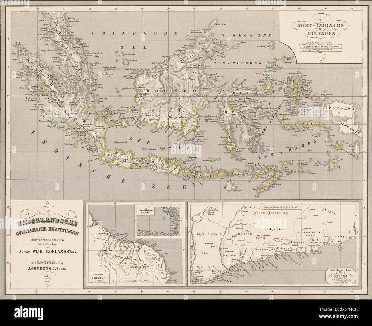 Karte von Indonesien, mit eingelassener Küste Südamerikas, der Niederländischen Antillen und der Küste von Guinea, niederländische Übersee Besitzungen (Titel auf Objekt), Druck, Druckerei: Carl Friedrich Julius de Jaeger, (erwähnt auf Objekt), nach eigenem Entwurf von: Carl Friedrich Julius de Jaeger, (erwähnt auf Objekt), Drucker: Jan Oomkens, (zum Gegenstand erwähnt), Groningen, 1841 - 1847, Papier, Höhe, 495 mm x Breite, 642 mm Stockfoto