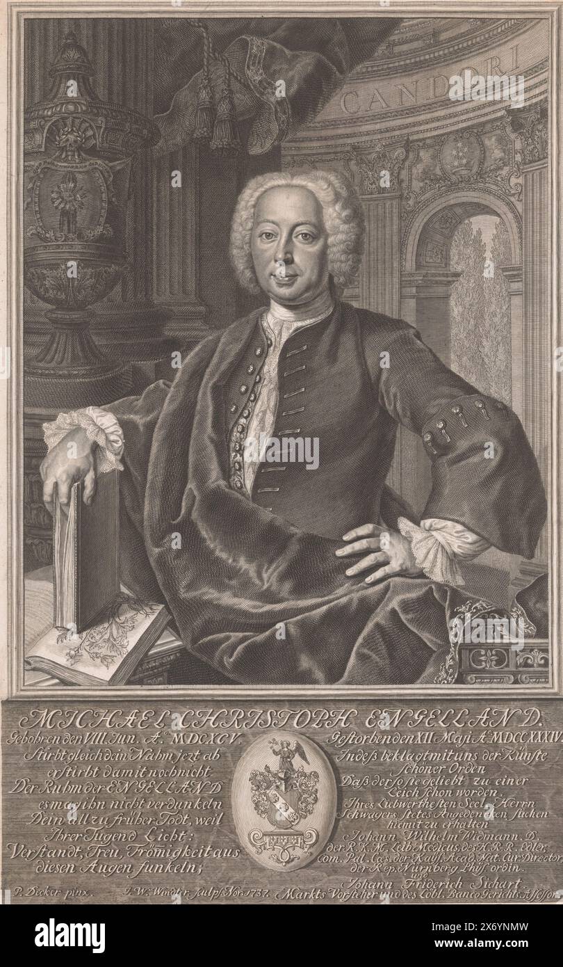 Porträt von Michael Christoph Engelland, Druck, Druckerei: Johann Wilhelm Windter, (auf Objekt erwähnt), nach Malerei von: Paul Decker (II), (auf Objekt erwähnt), Neurenberg, 1737, Papier, Gravur, Ätzen, Höhe, 473 mm x Breite, 298 mm Stockfoto