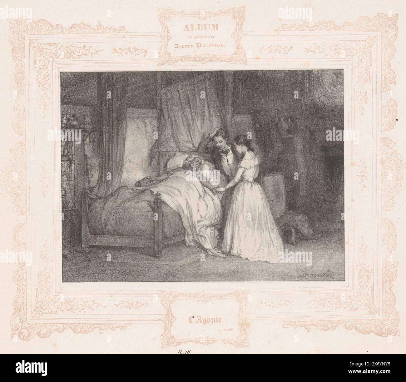 Junger Mann und junge Frau auf dem Sterbebett eines alten Mannes, L'Agonie (Titel auf Objekt), Druck, Druckerei: Paul Gavarni, (erwähnt auf Objekt), 1833, Papier, Höhe, 234 mm x Breite, 278 mm Stockfoto