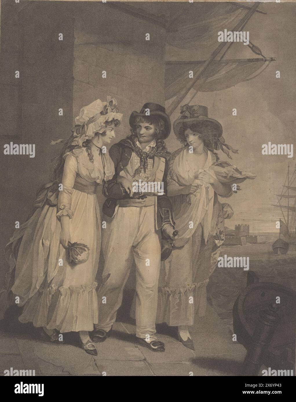 Matrose mit zwei Frauen an Land, Druck, Druckerei: Charles Knight, (erwähnt auf Objekt), nach Malerei von: Henry Singleton, (erwähnt auf Objekt), Verlag: Charles Knight, (erwähnt auf Objekt), London, Jan-1794, Papier, Ätzen, Höhe, 526 mm x Breite, 420 mm Stockfoto