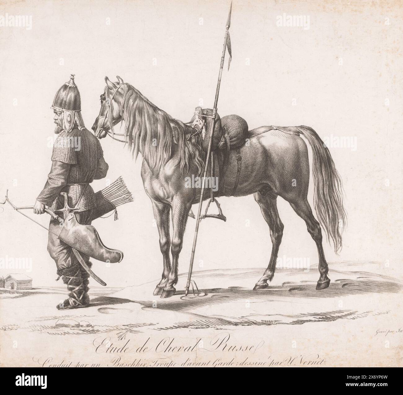 Soldat in russischer Tracht mit seinem Pferd, Etude de Cheval Russe (Titel auf Objekt), Druck, Druckerei: Jean Pierre Marie Jazet, (auf Objekt erwähnt), nach Zeichnung von: Horace Vernet, (auf Objekt erwähnt), 1799 - 1871, Papier, Gravur, Höhe, 463 mm x Breite, 515 mm Stockfoto