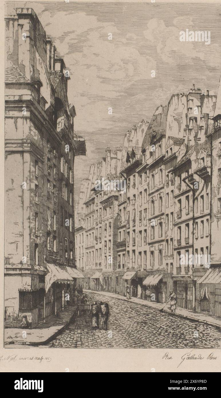 Blick auf die Rue Galande in Paris, Rue Galande Paris (Titel auf Objekt), Druck, Druckerei: Gabrielle-Marie Niel, (erwähnt auf Objekt), nach eigenem Entwurf von: Gabrielle-Marie Niel, (zugeschrieben Werkstatt von), 1869, Papier, Ätzung, Trockenspitze, Höhe, 323 mm x Breite, 210 mm Stockfoto