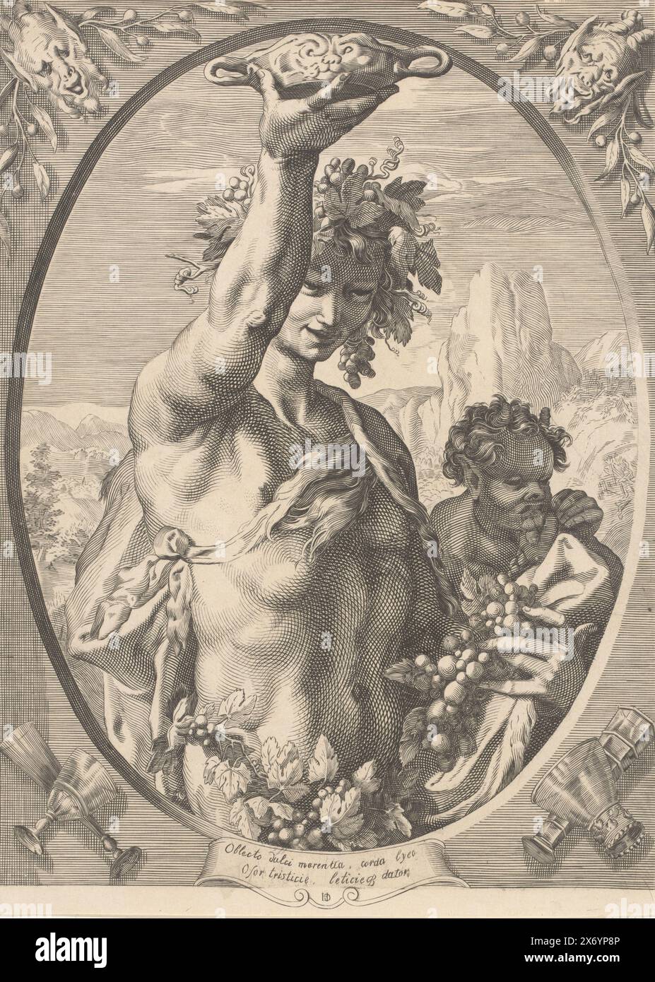 Bacchus, Bacchus als Gott des Weines, mit Weinkelch und Trauben. In ovalem Zierrahmen., Druck, Druckerei: Anonym, (abgelehnte Zuschreibung), Druckerei: Edouard Taurel, nach Druck von: Jan Saenredam, (möglicherweise), 1832 - 1880 und/oder ca. 1841, Papier, Gravur, Ätzung, Höhe, 241 mm x Breite, 173 mm Stockfoto
