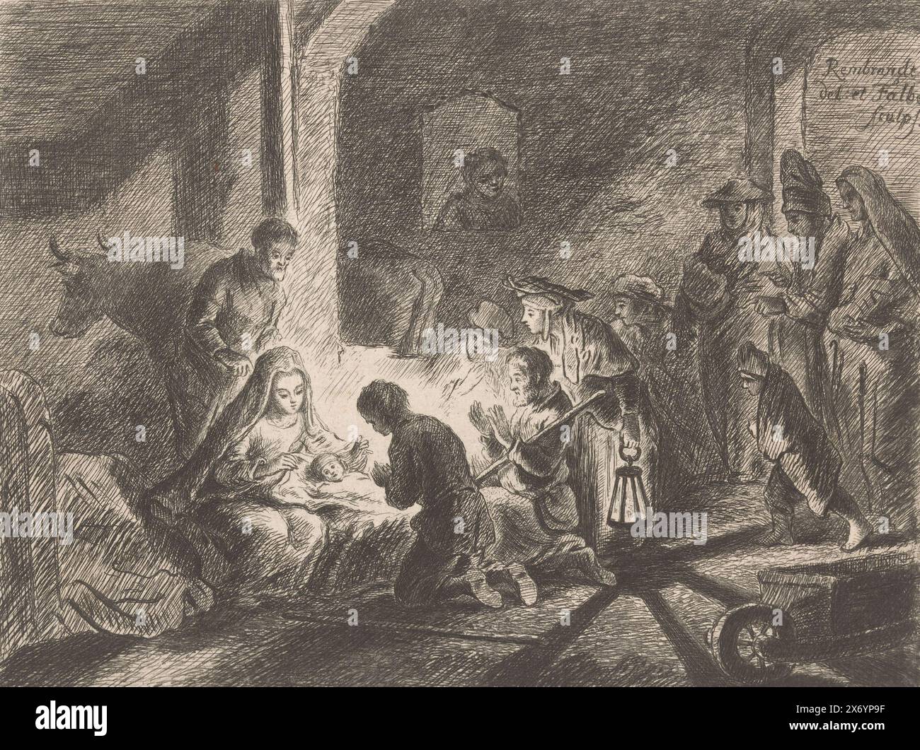 Verehrung durch die Hirten, Druck, Druckerei: Joachim Martin Falbe, (auf dem Gegenstand erwähnt), nach Zeichnung von Rembrandt van Rijn, (auf dem Gegenstand erwähnt), 1719 - 1782, Papier, Ätzen, Höhe, 188 mm x Breite, 248 mm Stockfoto