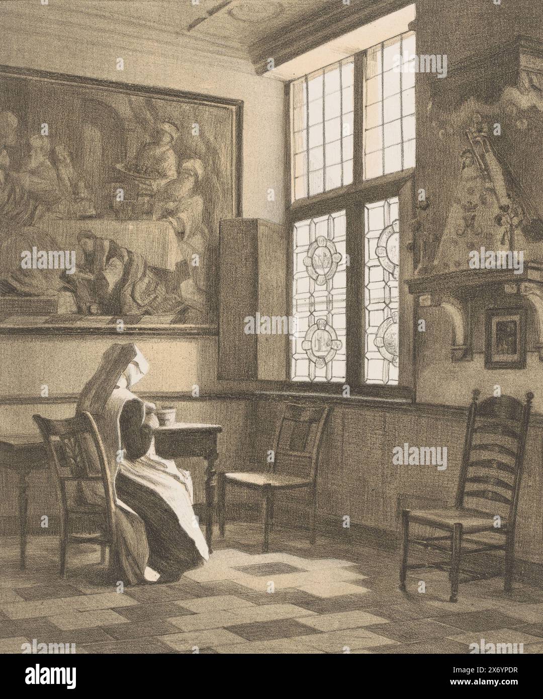 Klosterzimmer mit Nonne, Druck, Druckerei: René Janssens, (auf Objekt erwähnt), 1880 - 1936, Papier, Höhe, 446 mm x Breite, 345 mm Stockfoto