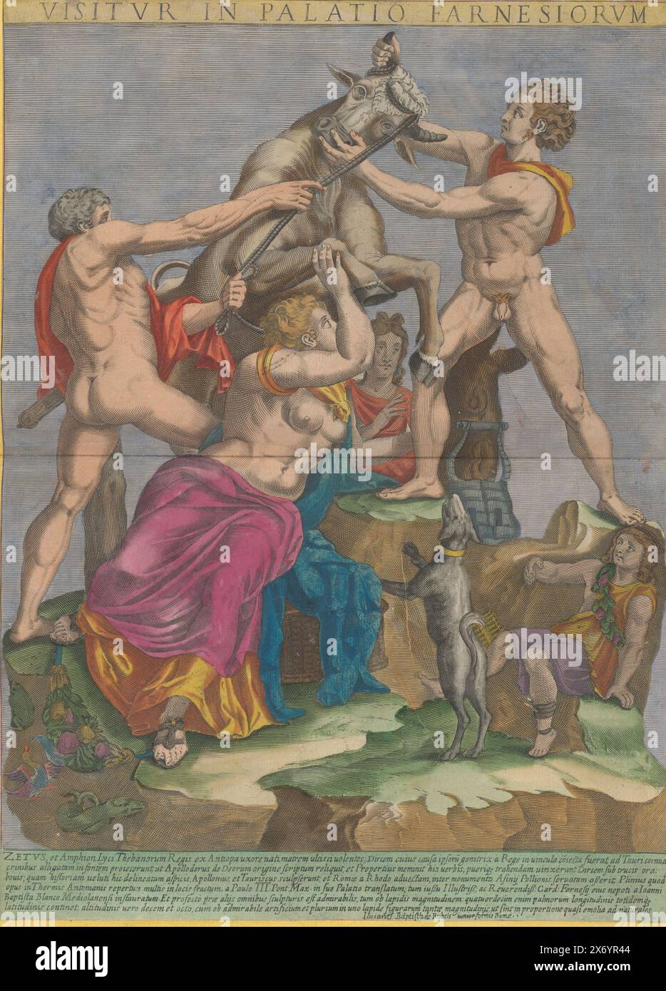 Dirce ist an einen Stier gebunden, Farnese Bull, Visitur in palatio Farnesiorum (Titel auf dem Objekt), antike Skulptur bekannt als Farnese Bull Die Brüder Amphion und Zethus binden Dirces geflochtenes Haar an die Hörner eines Stiers. Titel in lateinischer Sprache am oberen Rand. Sechs lateinische Textzeilen am unteren Rand. Print ist Teil eines Albums., Print, Print Maker: Anonym, Verlag: Giovanni Battista de'Rossi, (auf dem Objekt erwähnt), Anna Beeck, Print Maker: Italien, Verlag: Rom, the Haag, 1611 - 1678 und/oder 1693 - 1717, Papier, Ätzen, Höhe, 485 mm x Breite, 345 mm Stockfoto
