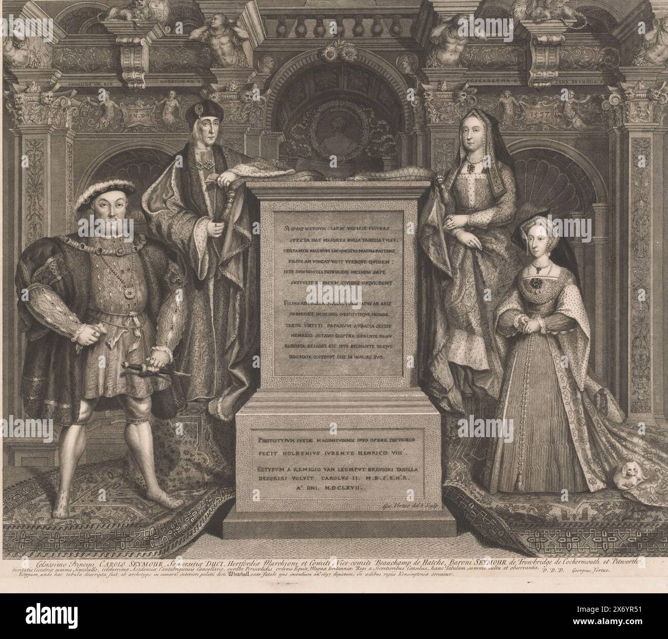 Porträt von Heinrich VII., Elizabeth of York, Henry VIII. Und Jane Seymour, Familia Regia (Titel auf Objekt), Porträts der Tudors (Titel der Serie), historische Porträts (Titel der Serie), Druck, Druckerei: George Vertue, (auf Objekt erwähnt), nach eigenem Entwurf von: George Vertue, (auf Objekt erwähnt), nach Malerei von: Hans Holbein (II), (zum Gegenstand erwähnt), London, 1743, Papier, Ätzen, Gravieren, Höhe, 480 mm x Breite, 575 mm Stockfoto