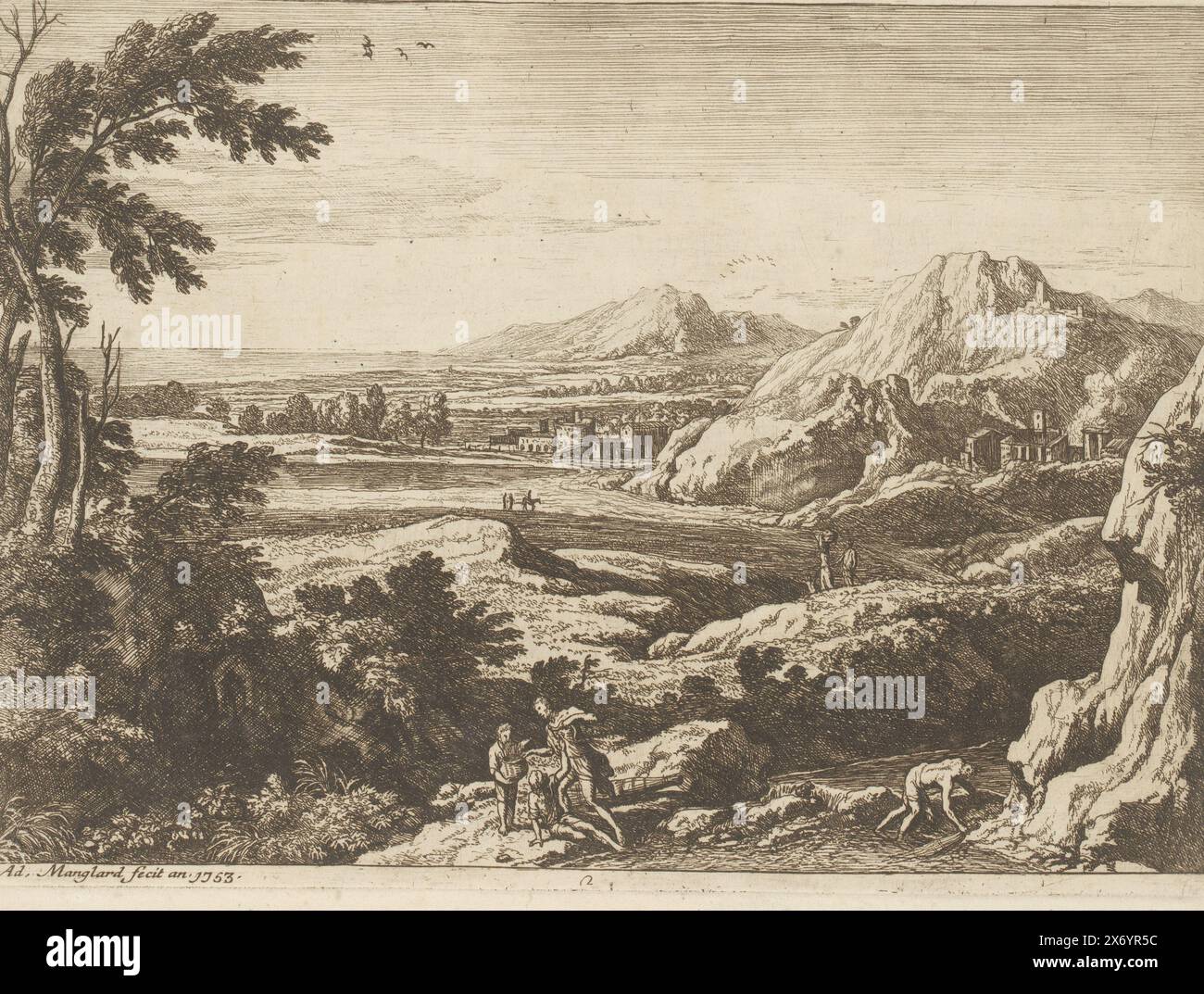 Landschaft mit Fischern, italienische Landschaften mit verschiedenen Szenen (Titel der Serie), diverse Compositioni e vedute erfand Intagliate da Adriano Manglard in Roma l'an. 1753 (Serientitel), nummeriert unten rechts: 2., Druck, Druckerei: Adrien Manglard, (auf dem Objekt erwähnt), Rom, (möglicherweise), 1753, Papier, Ätzen, Höhe, 223 mm x Breite, 303 mm Stockfoto