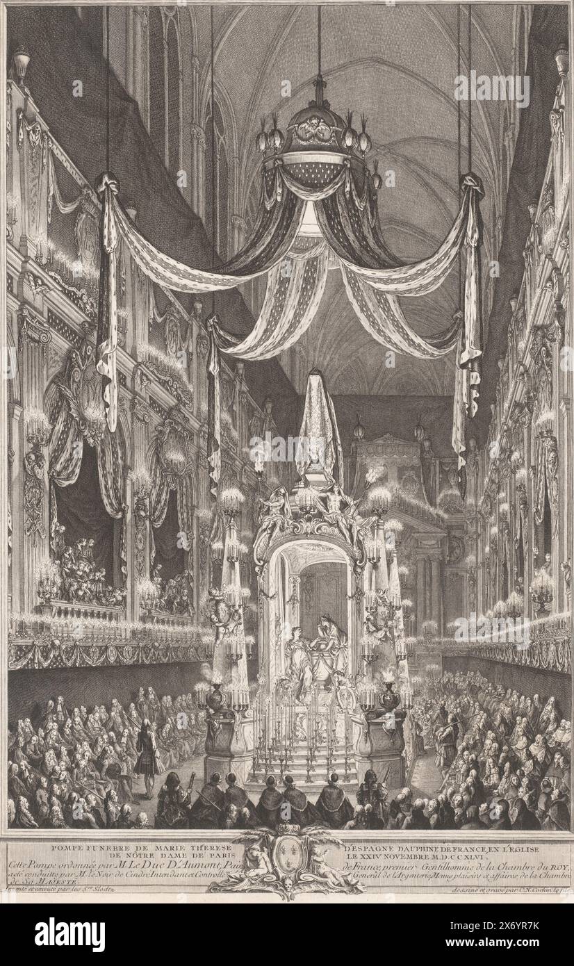 Gedenkmesse für Maria Theresia von Bourbon in Notre Dame in Paris, Pompe funebre de Marie Therese d'Espagne dauphine de France und l'eglise de Nôtre Dame de Paris le XXIV novembre M.D.C C XLVI. (Titel auf Objekt), Druck, Druckerei: Charles Nicolas Cochin (II), (zum Gegenstand erwähnt), nach eigenem Entwurf von: Charles Nicolas Cochin (II), (zum Gegenstand erwähnt), nach Entwurf von: Paul Ambroise Slodtz, (zum Gegenstand erwähnt), Druckerei: Frankreich, Verlag: Paris, 1746 und/oder 1748, Papier, Ätzen, Gravieren, Höhe, 502 mm x Breite, 332 mm Stockfoto