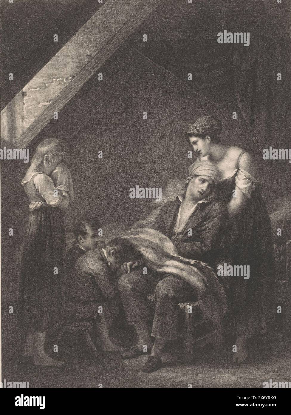 Frau und Kinder trauern um kranke Männer, Une famille malheureuse (Titel auf Objekt), Druck, Druckerei: Hyacinthe Louis Victor Jean Baptiste Aubry-Lecomte, (erwähnt auf Objekt), nach Malerei von Pierre Prud'hon, (erwähnt auf Objekt), nach Malerei von: Constance Mayer, 1823, Papier, Höhe, 414 mm x Breite, 285 mm Stockfoto