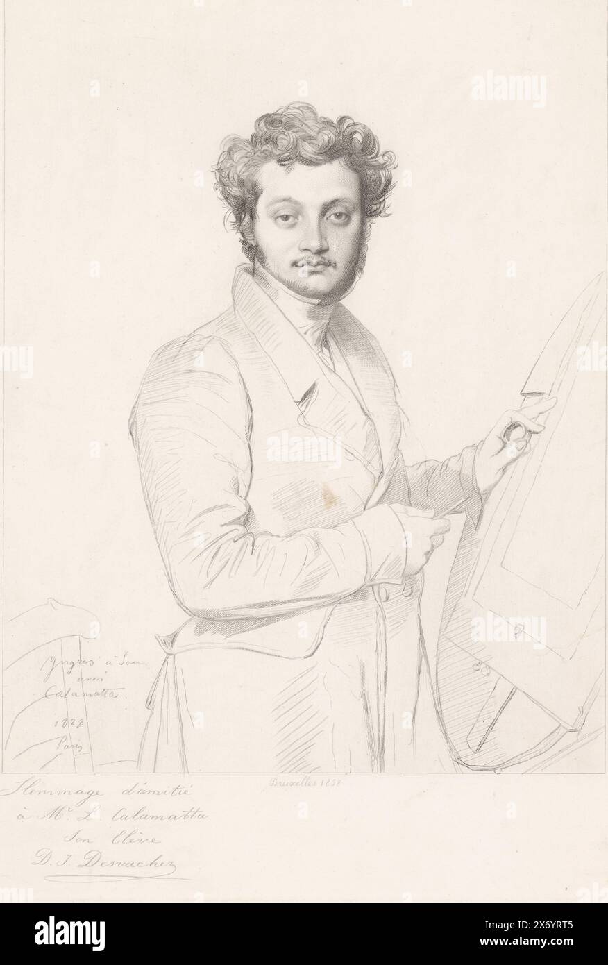 Porträt von Luigi Calametta bei der Arbeit, Druck, Druckerei: David Joseph Desvachez, (auf dem Objekt erwähnt), nach Malerei von: Jean Auguste Dominique Ingres, (auf dem Objekt erwähnt), Luigi Calamatta, (auf dem Objekt erwähnt), Druckerei: Brüssel, nach dem Malen von: Paris, 1858, Papier, Ätzen, Höhe, 395 mm x Breite, 286 mm Stockfoto