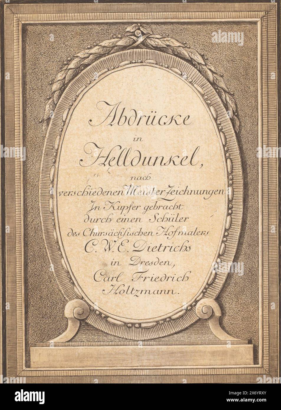 Titeldruck für die Druckserie 'Drucke in Hell-Dunkel', Drucke in Hell-Dunkel (Serientitel), Abdrücke in Helldunkel (Titel auf Objekt), Text in Deutsch in der mittleren Kartusche und am unteren Rand. Druck ist Teil eines Albums., Druck, Druckerei: Carl Friedrich Holtzmann, (auf dem Objekt erwähnt), Dresden, 1750 - 1811, Papier, Ätzen, Höhe, 217 mm x Breite, 280 mm Stockfoto